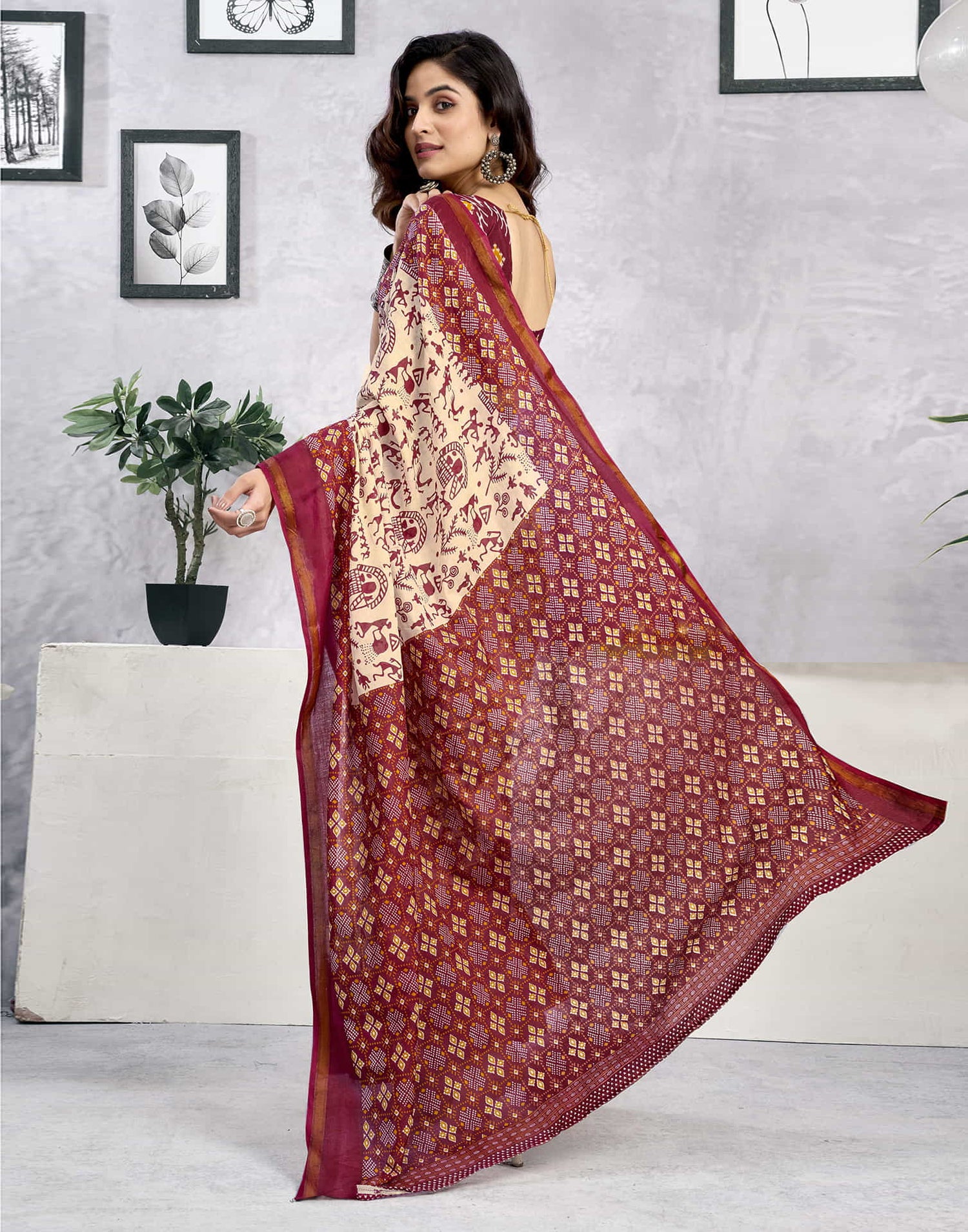 Ready To Wear Light Beige Cotton Warli Printed Saree