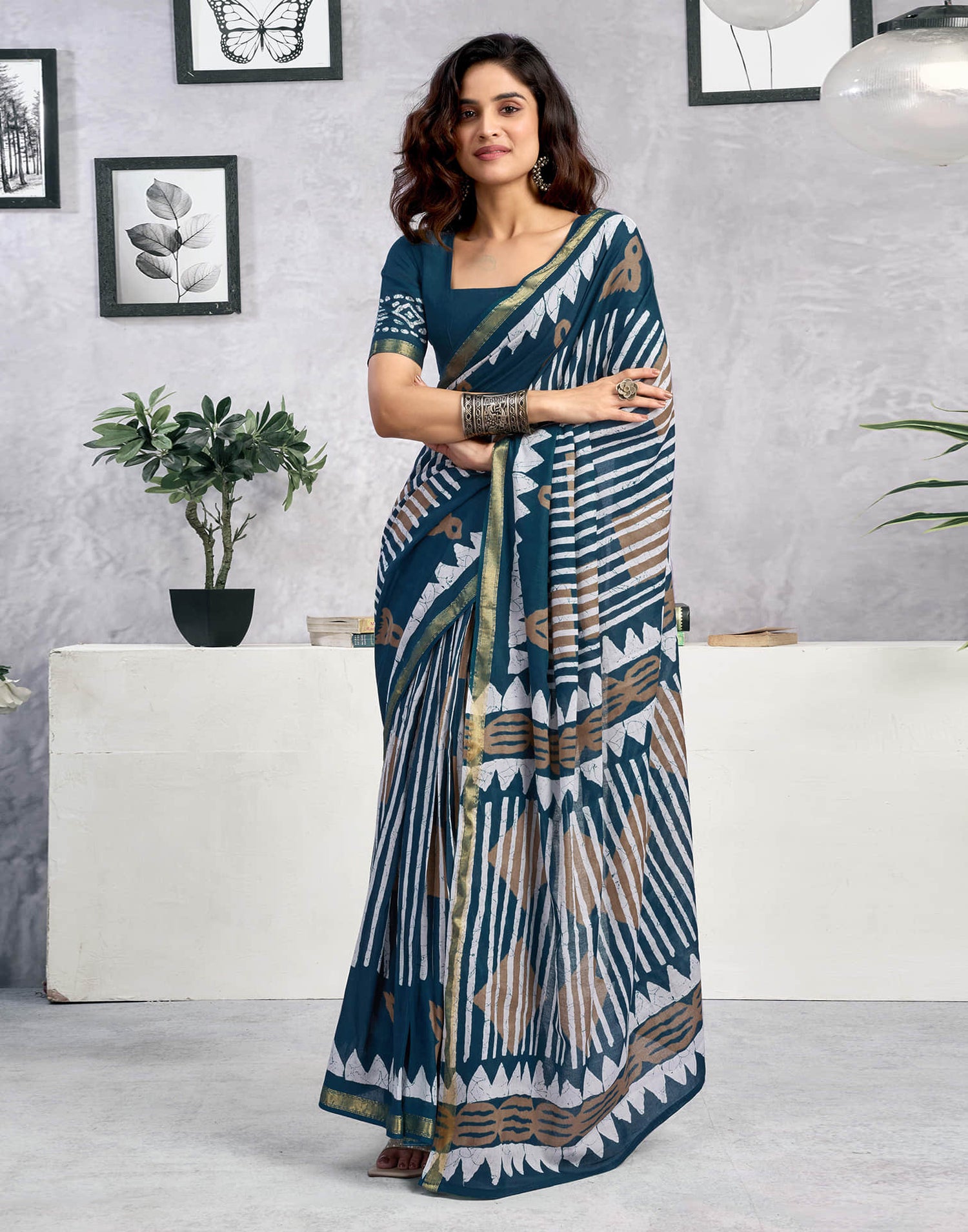 Ready To Wear Rama Blue Cotton Printed Saree