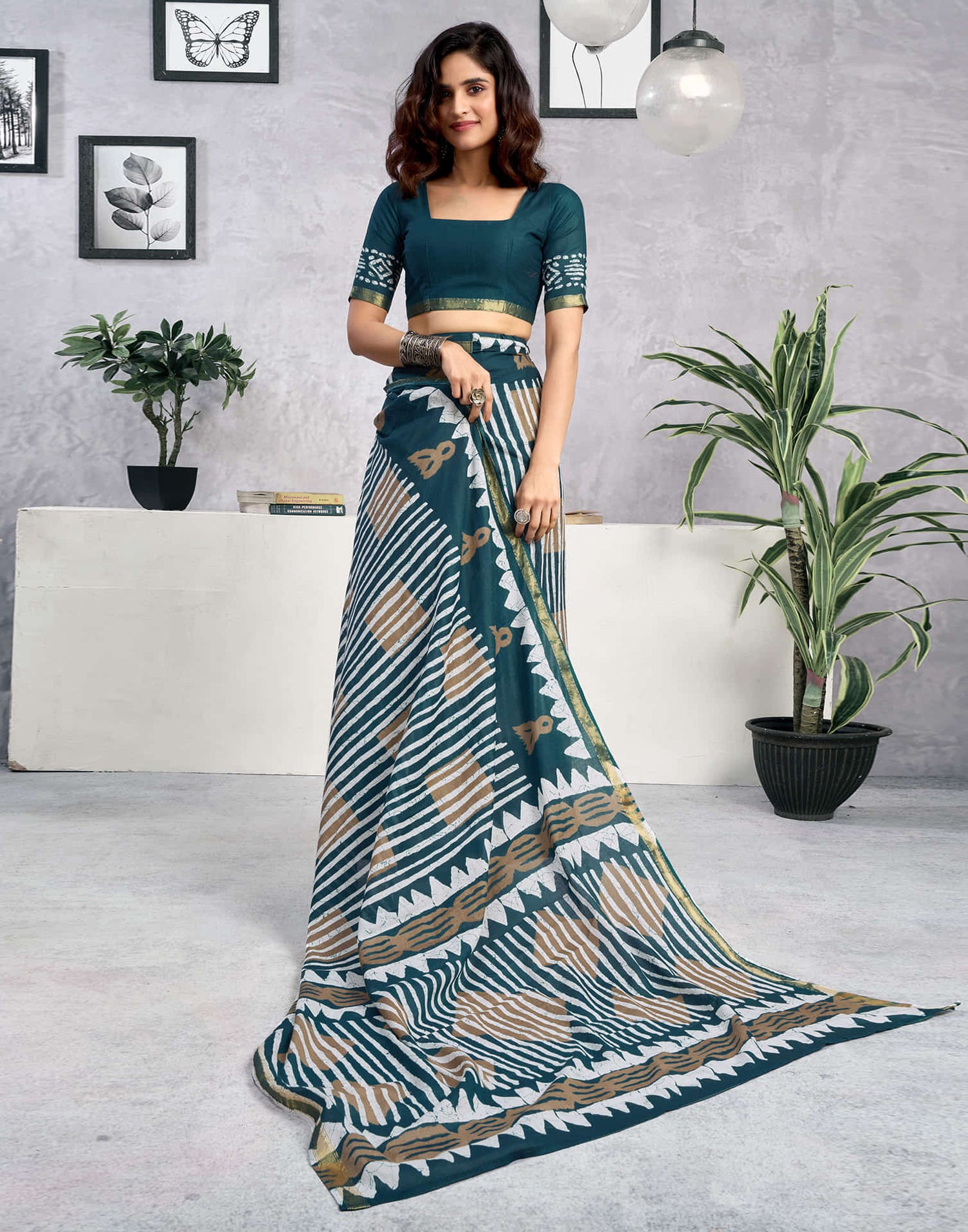 Ready To Wear Rama Blue Cotton Printed Saree