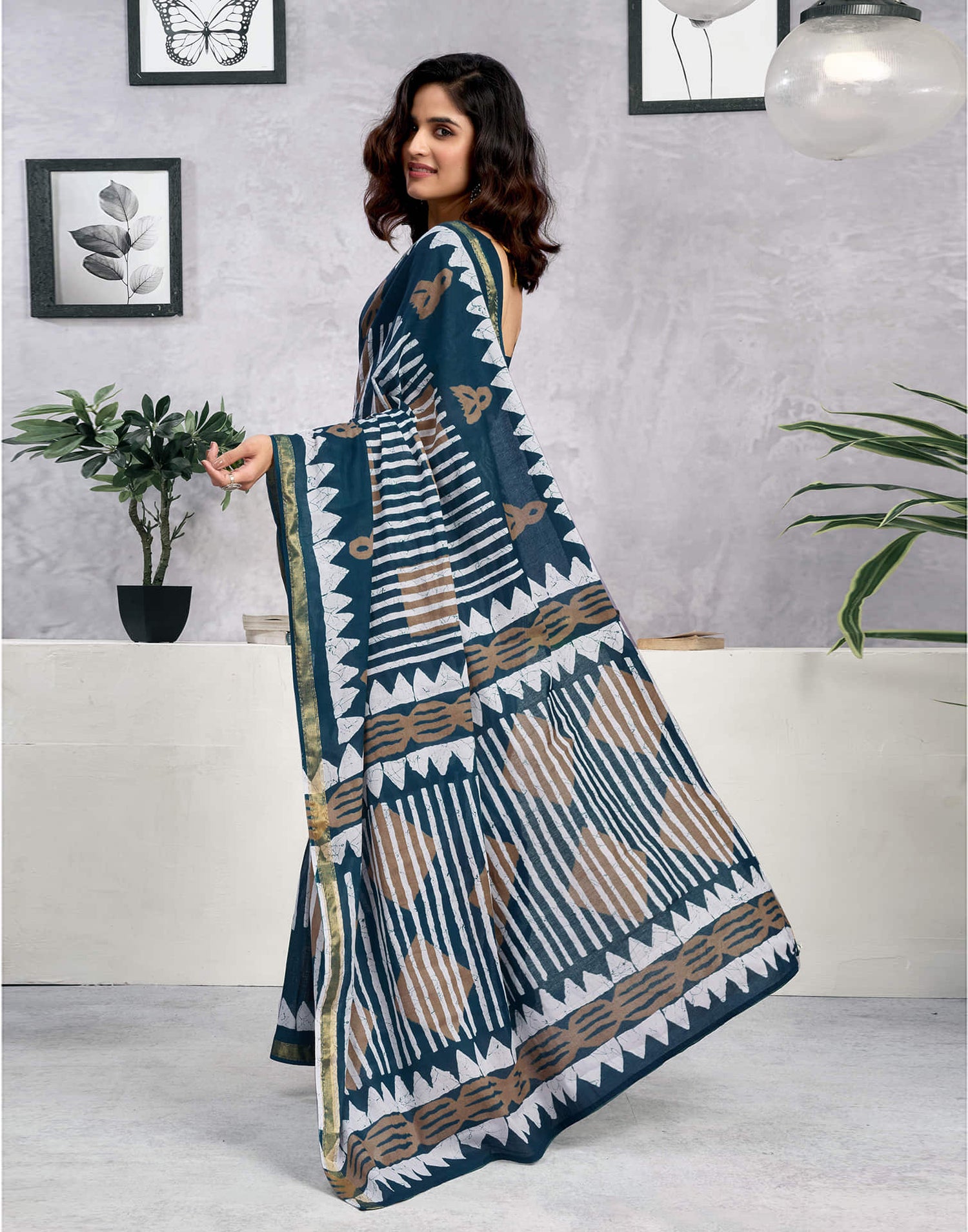 Ready To Wear Rama Blue Cotton Printed Saree