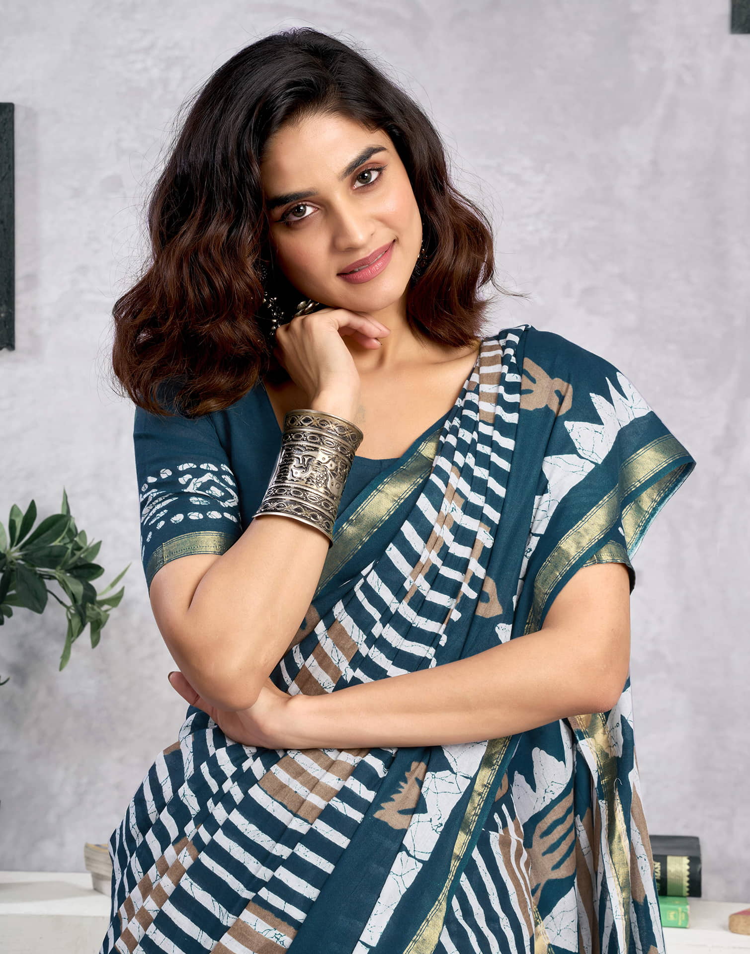 Ready To Wear Rama Blue Cotton Printed Saree