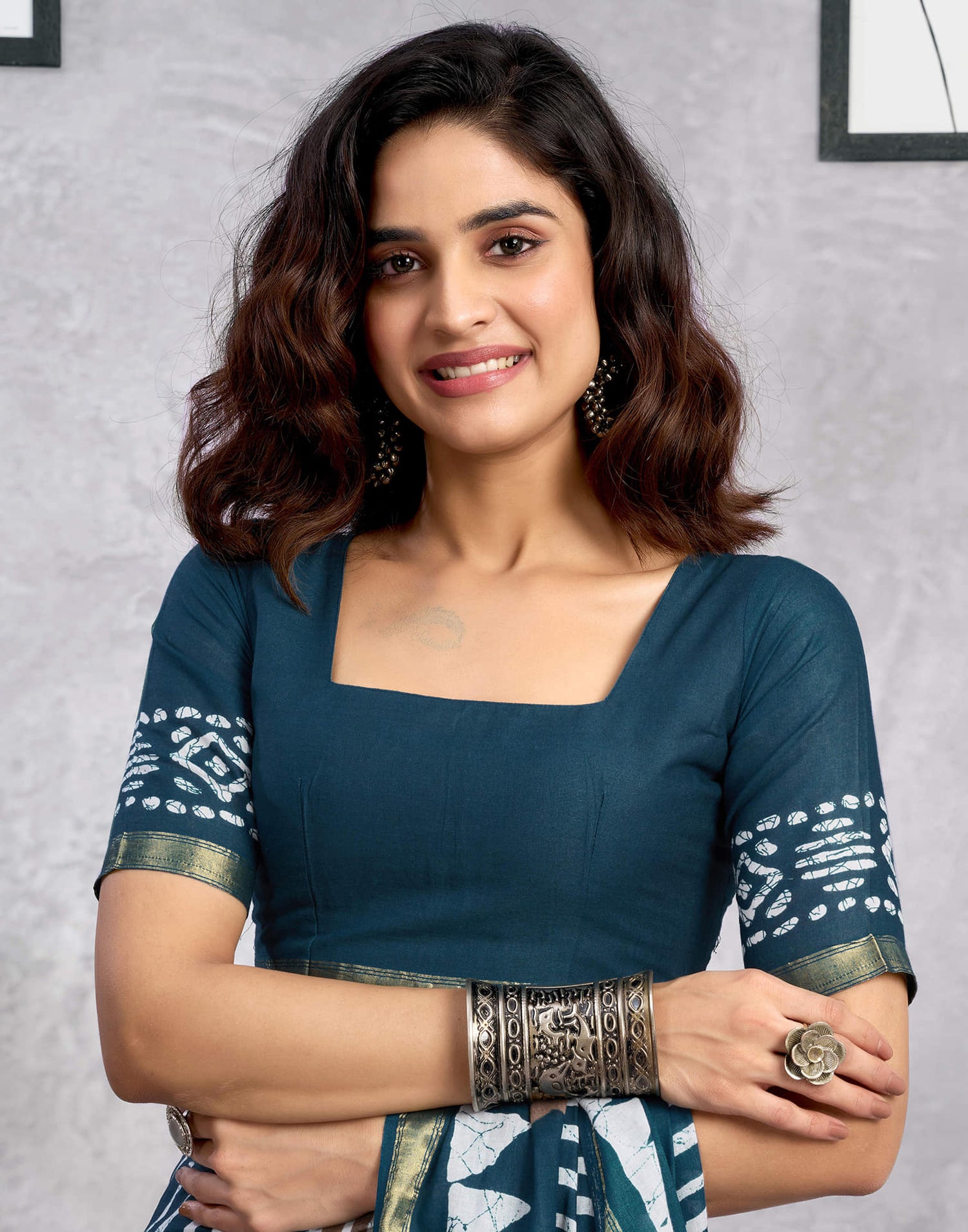 Ready To Wear Rama Blue Cotton Printed Saree