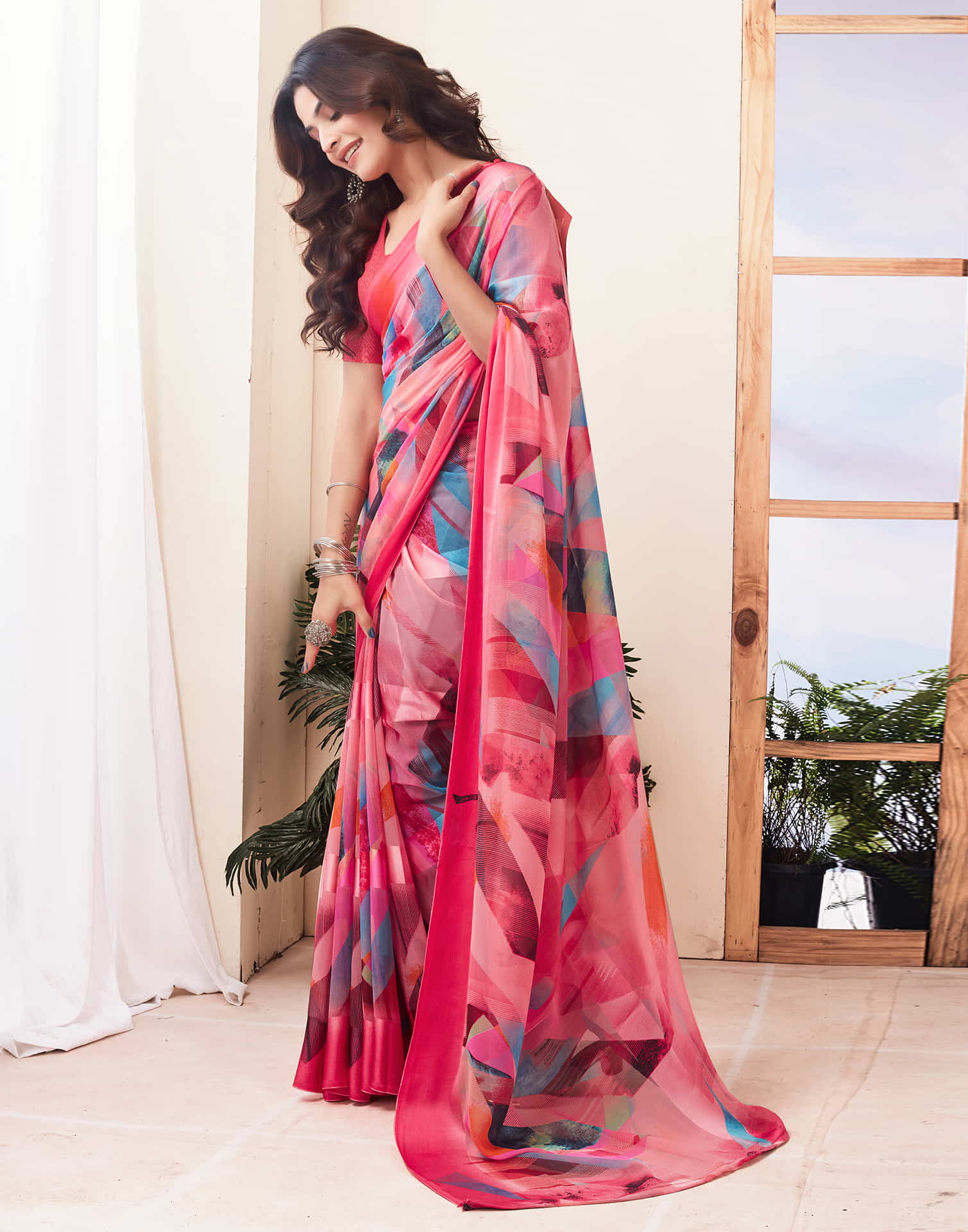 Rose Pink Geometric Printed Georgette Saree
