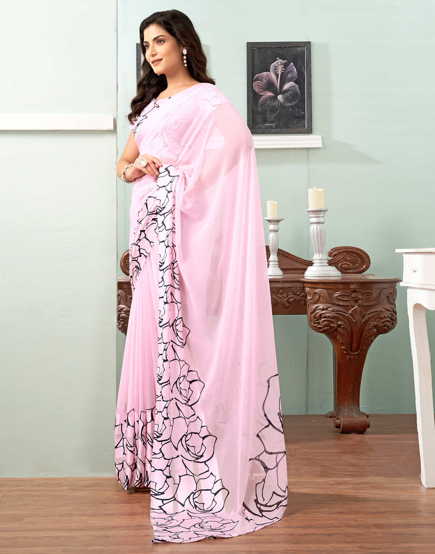 Light Pink Printed Georgette Saree