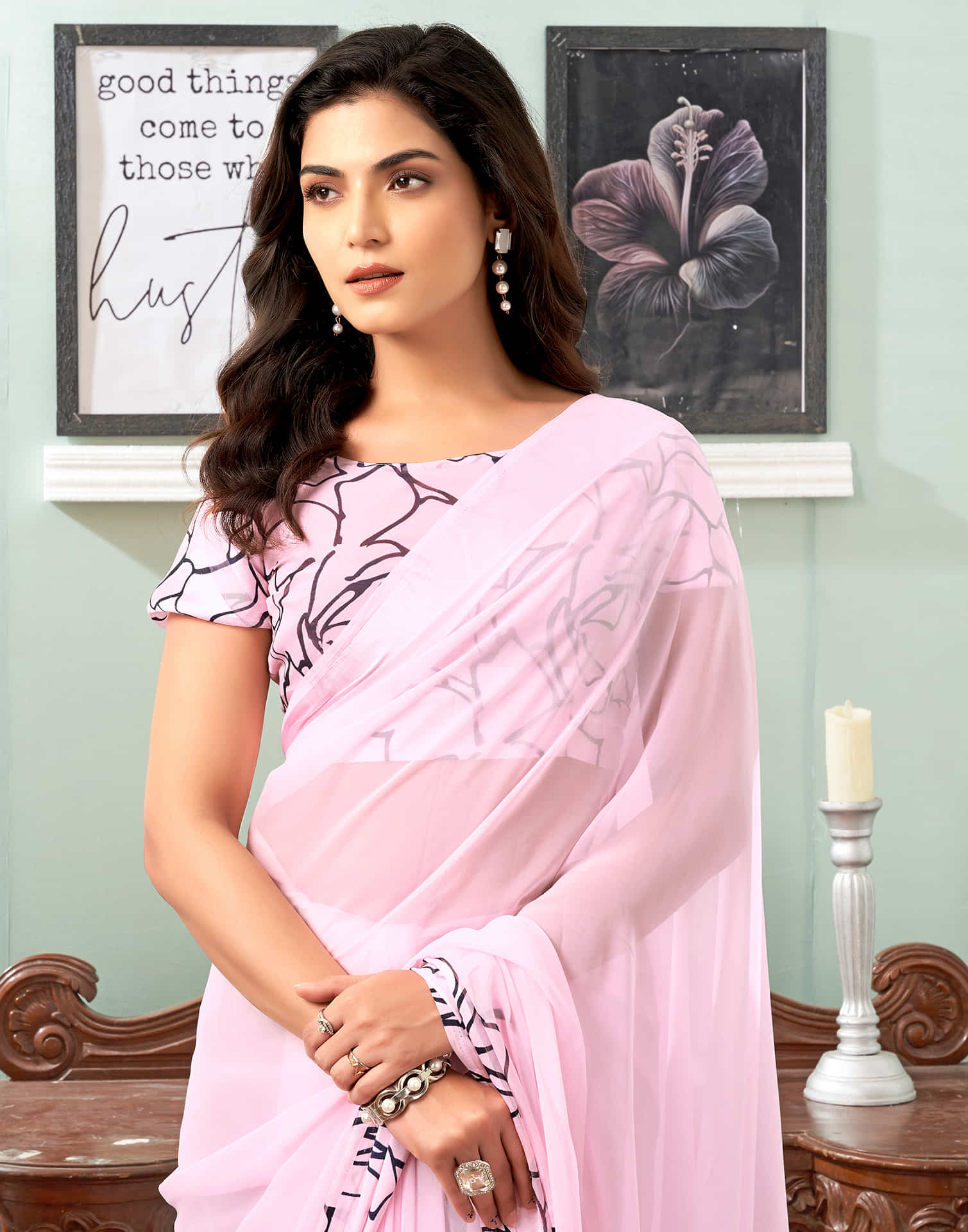 Light Pink Printed Georgette Saree