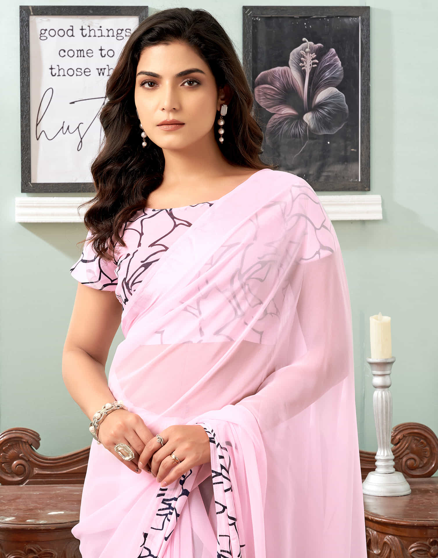 Light Pink Printed Georgette Saree