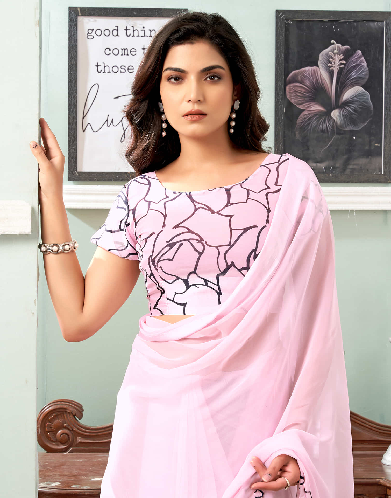 Light Pink Printed Georgette Saree