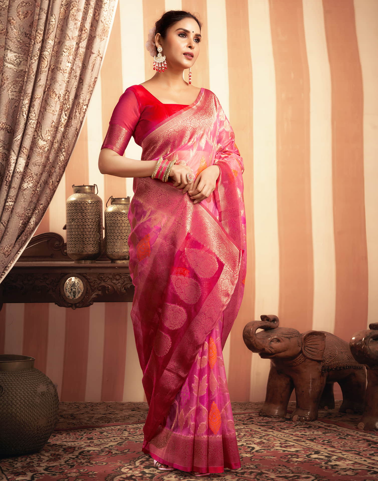 Light Pink Organza Jacquard Woven Saree