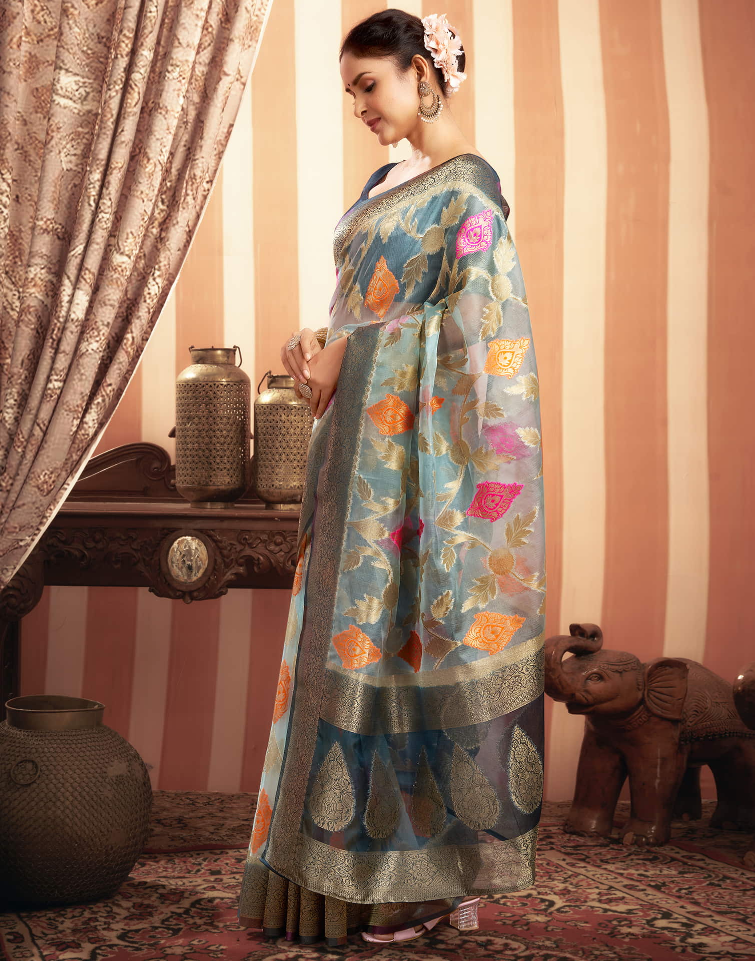 Light Blue Organza Jacquard Woven Saree