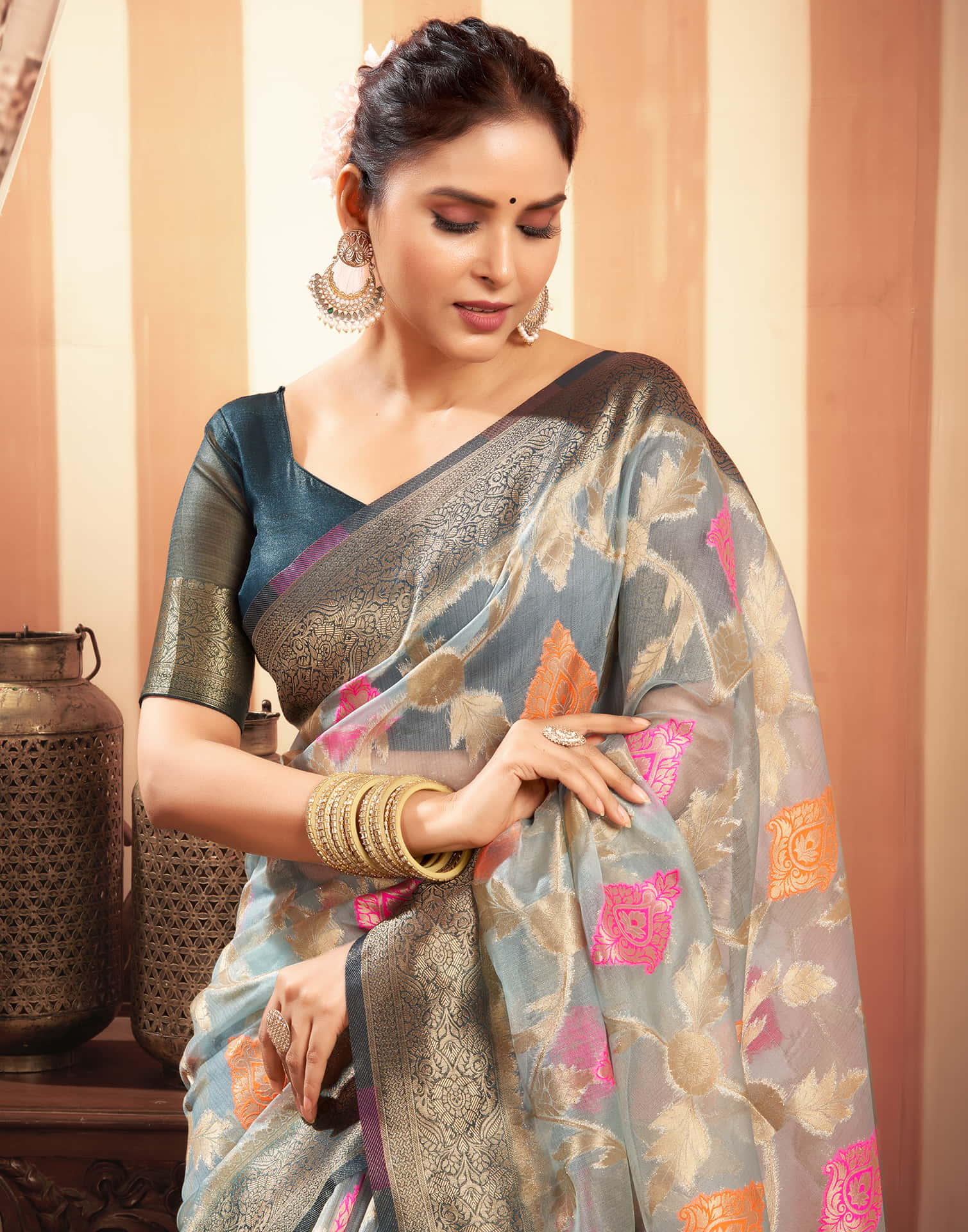 Light Blue Organza Jacquard Woven Saree