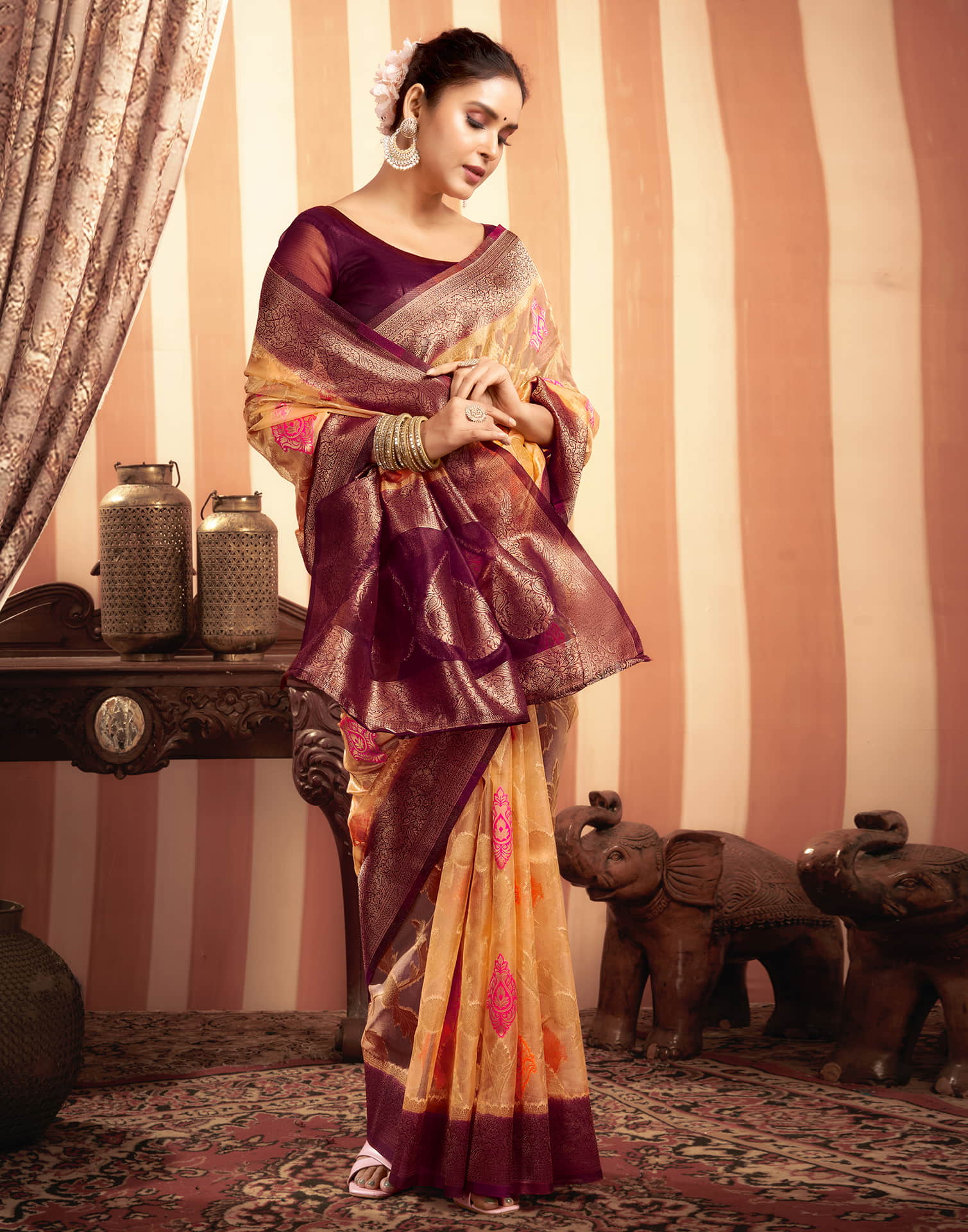 Cream Organza Jacquard Woven Saree
