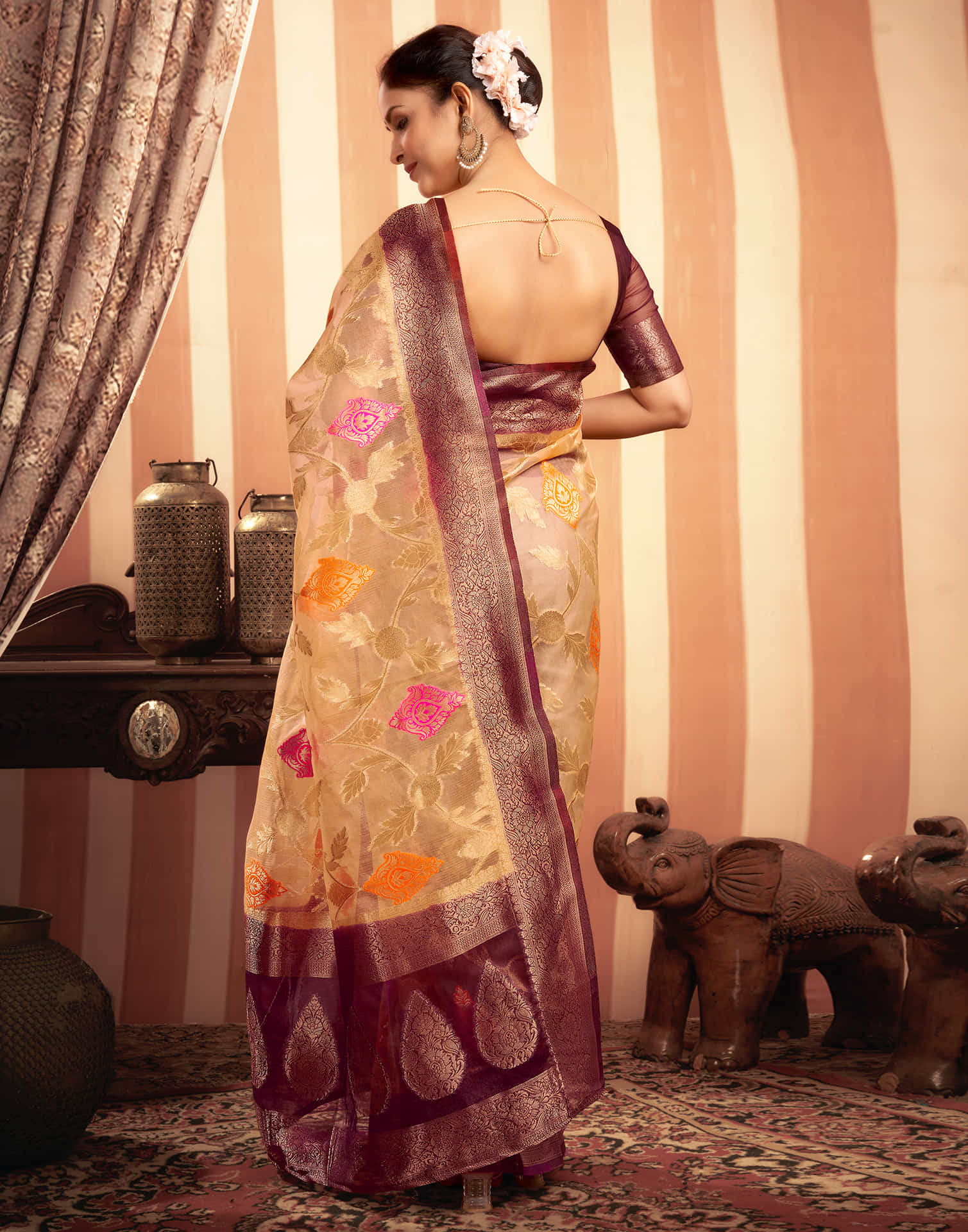 Cream Organza Jacquard Woven Saree