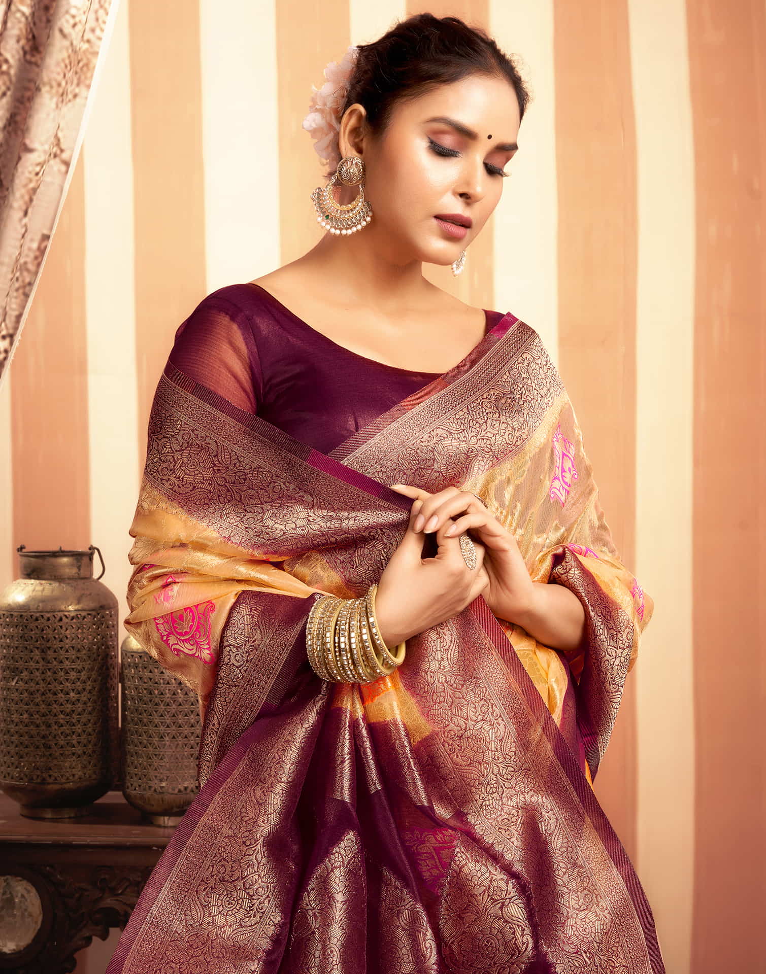 Cream Organza Jacquard Woven Saree