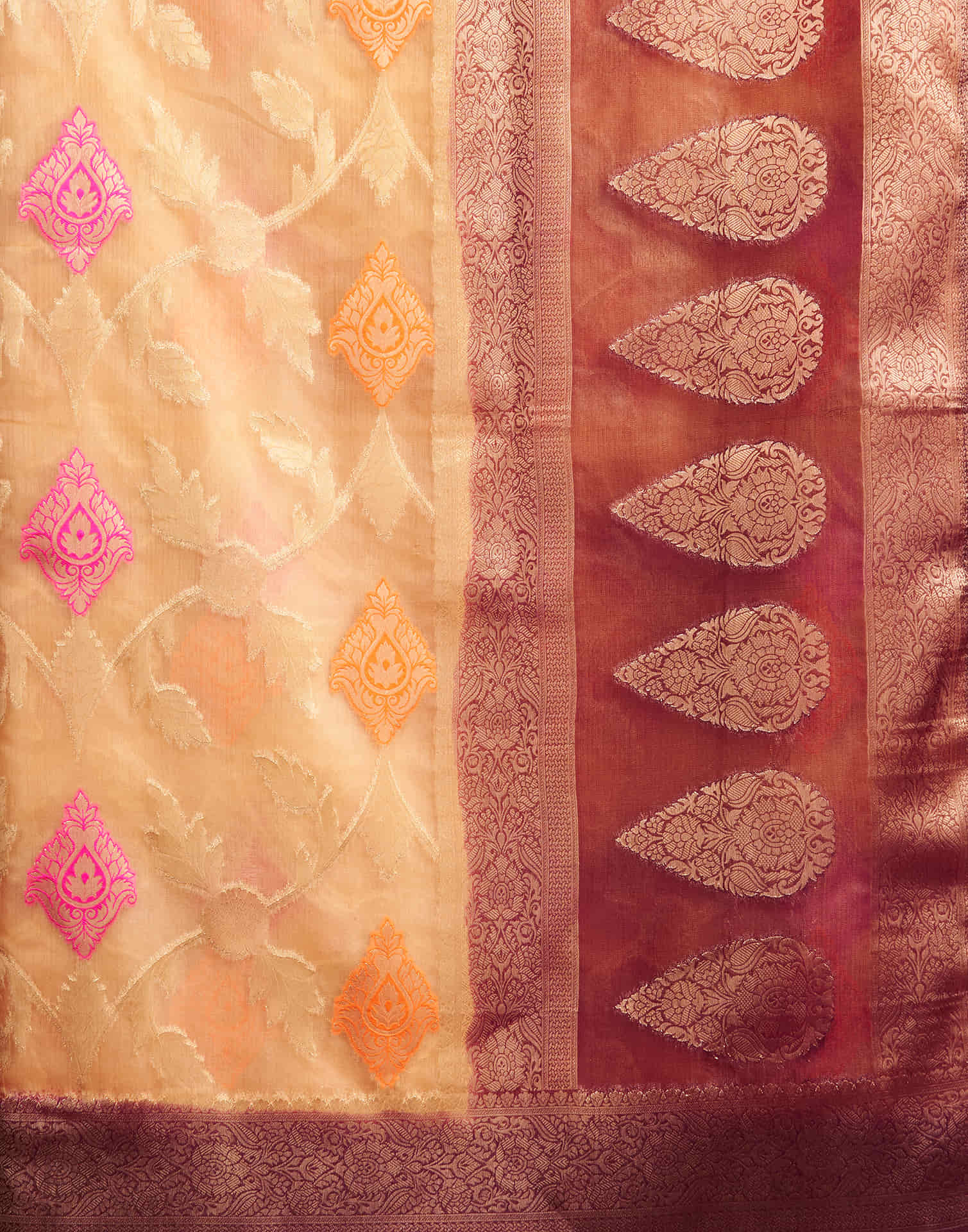 Cream Organza Jacquard Woven Saree