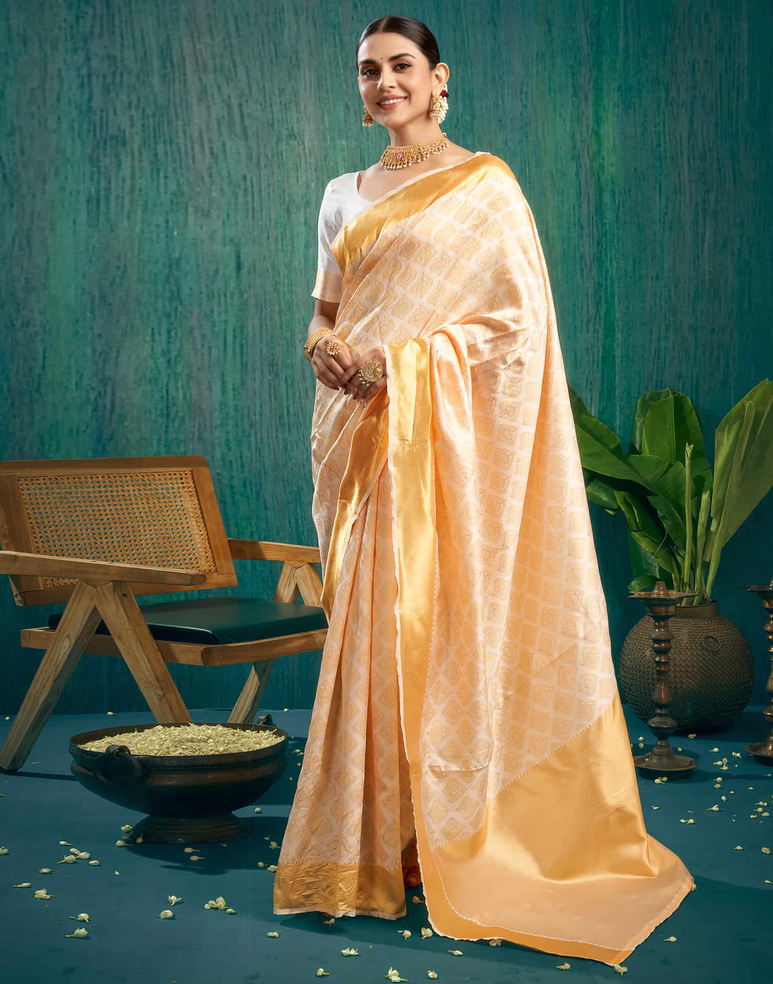 Cream Woven Kanjivaram Silk Saree
