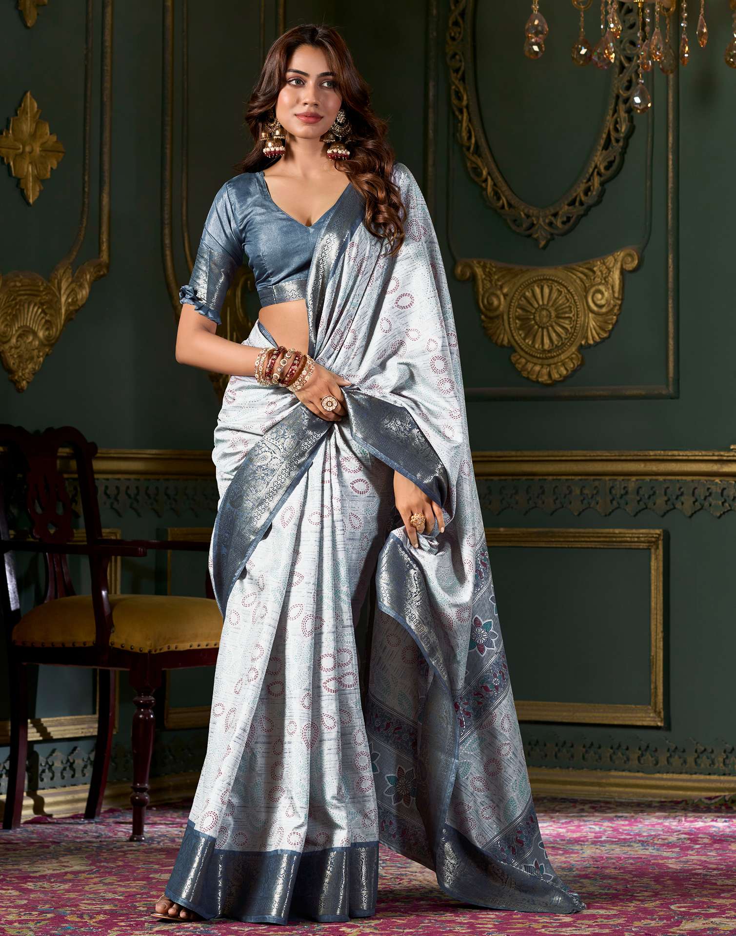 Light Grey Printed Silk Saree