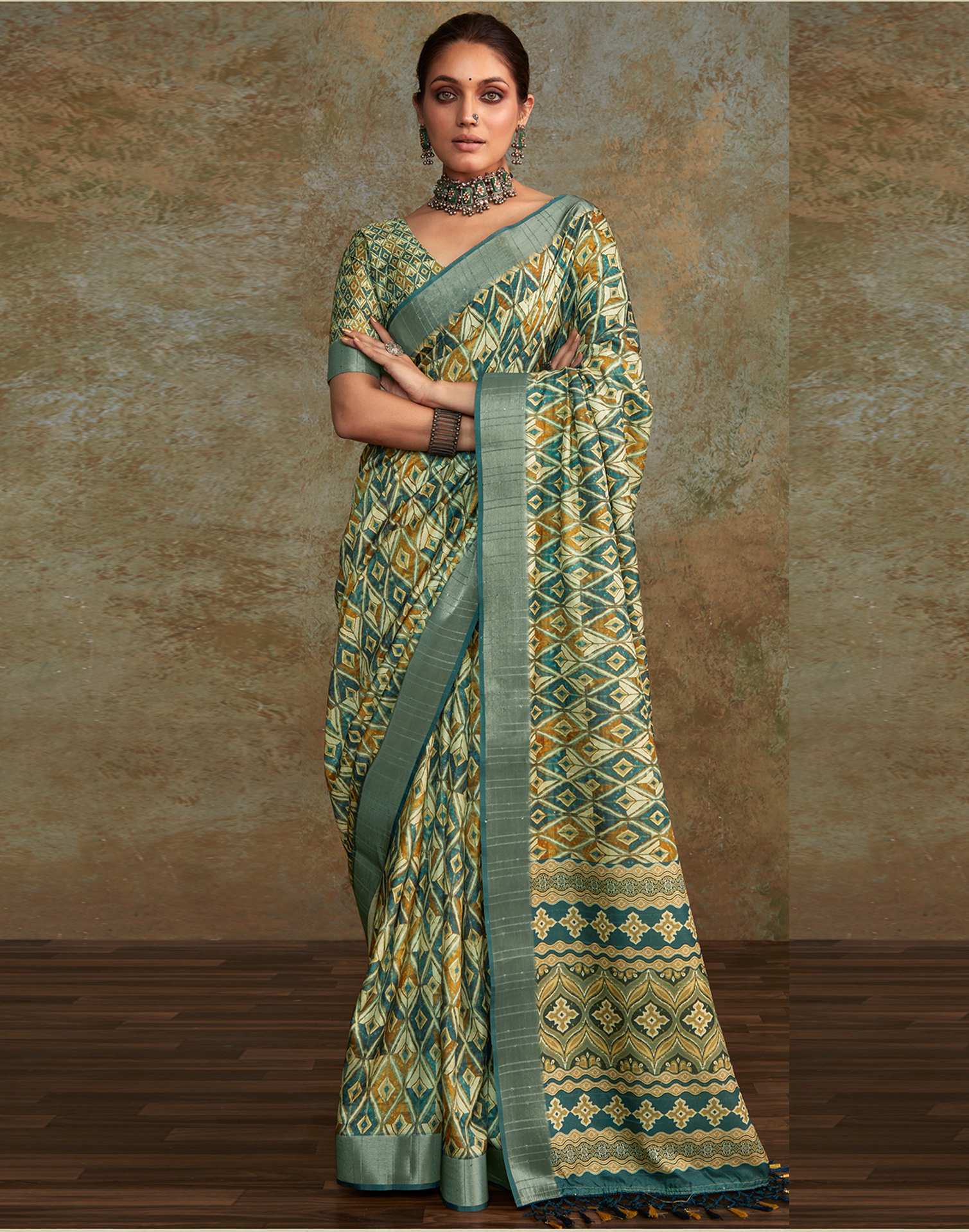 Pastel Yellow Geometric Printed Silk Saree