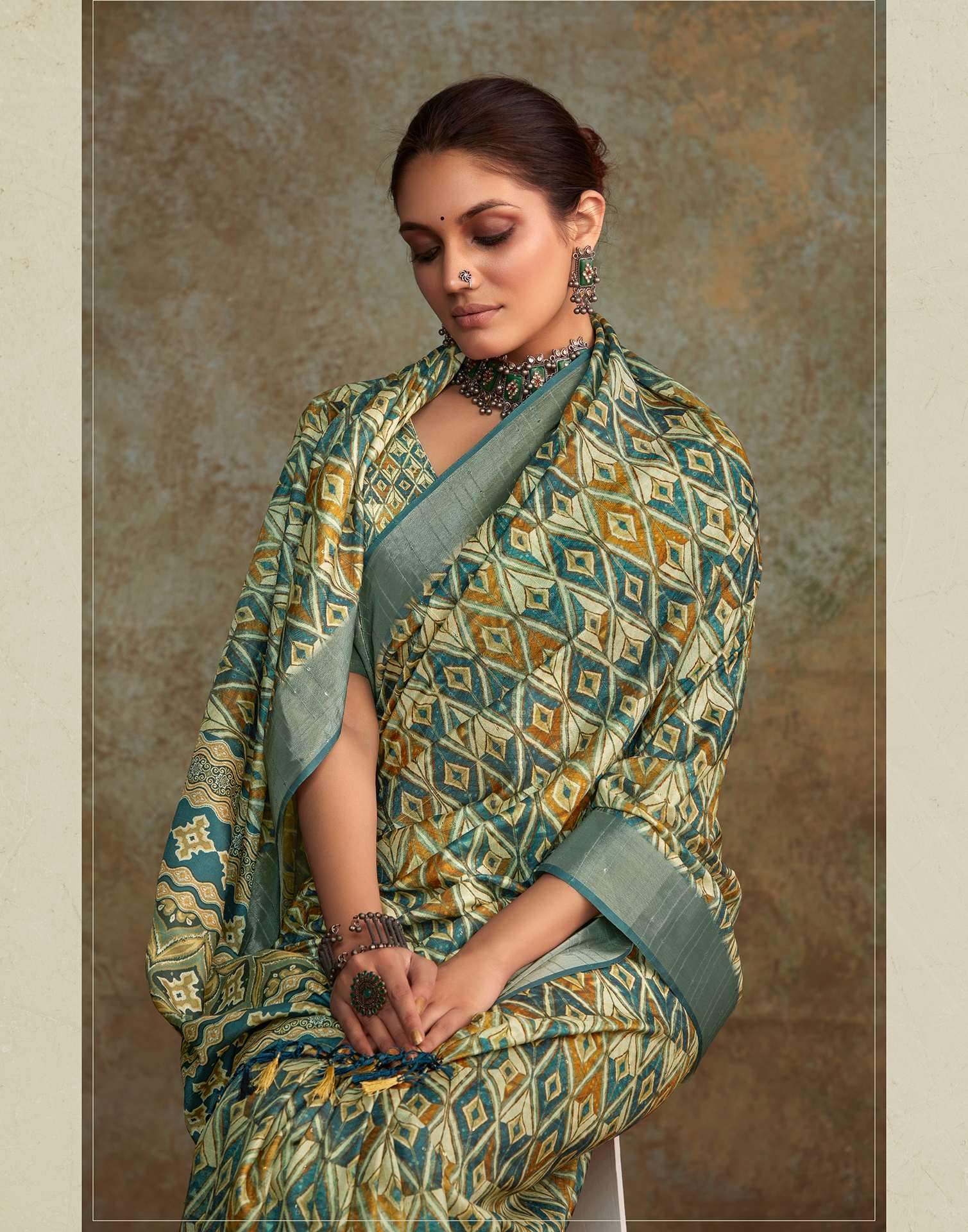 Pastel Yellow Geometric Printed Silk Saree