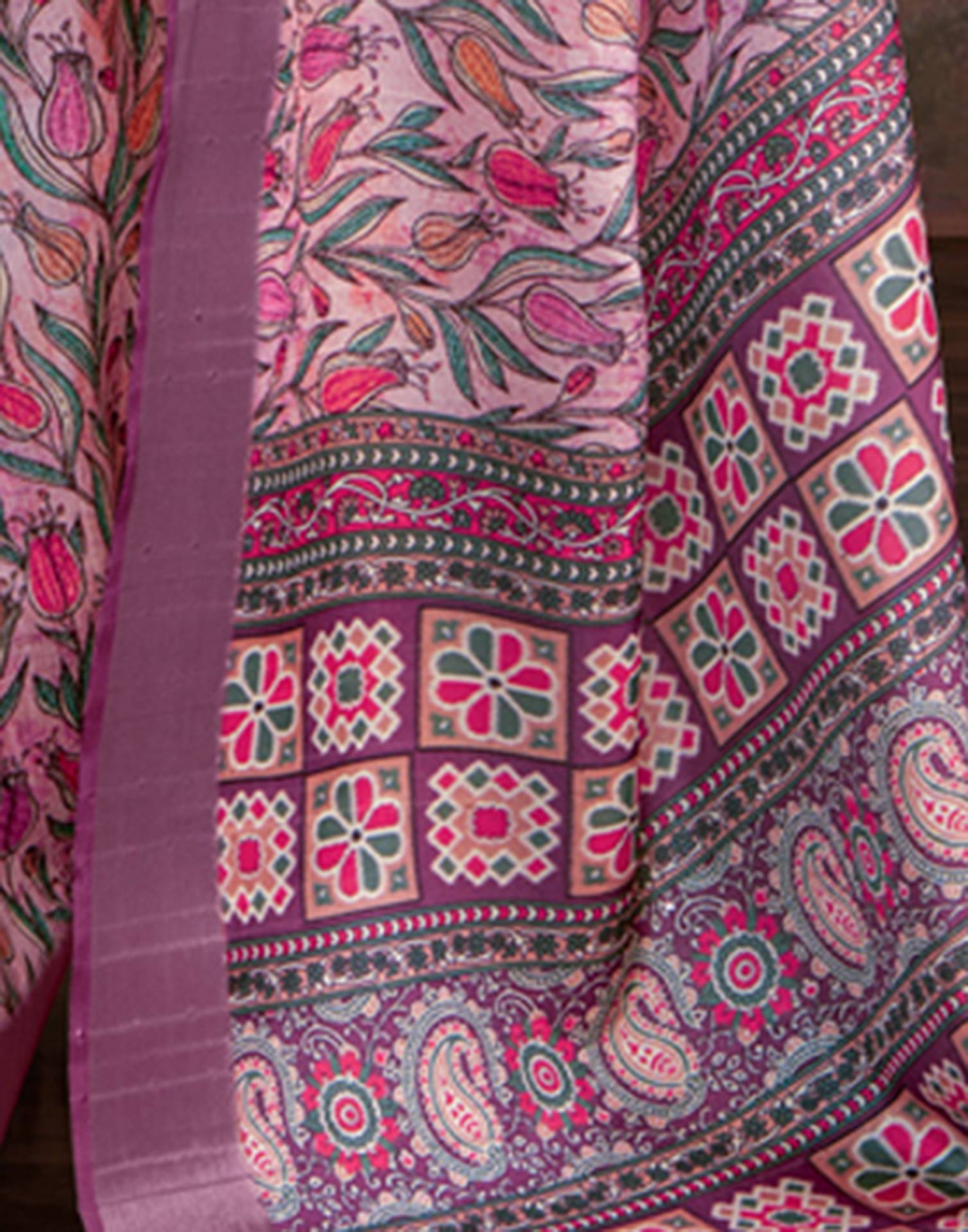 Light Pink Floral Printed Silk Saree