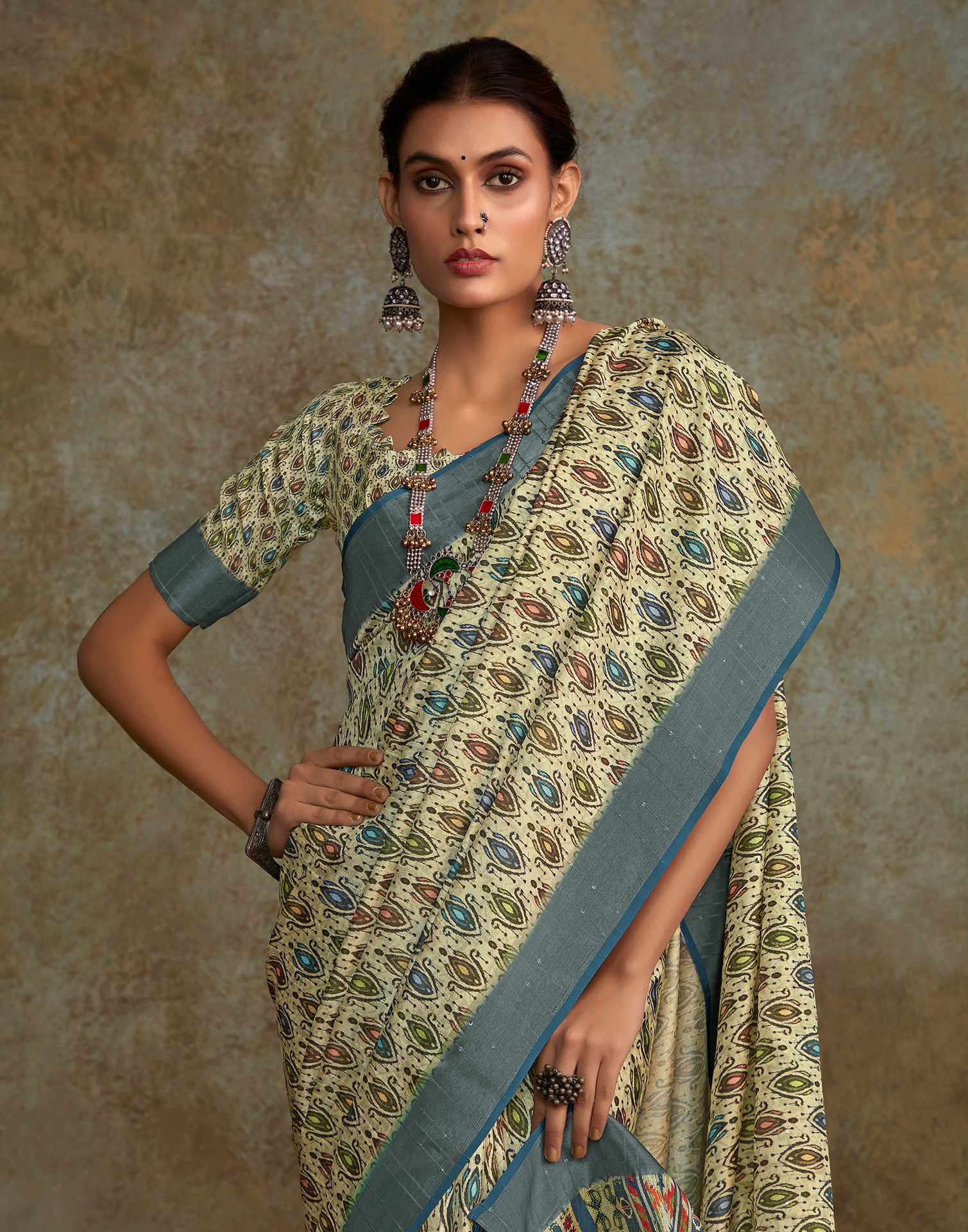 Light Pista Green Printed Silk Saree