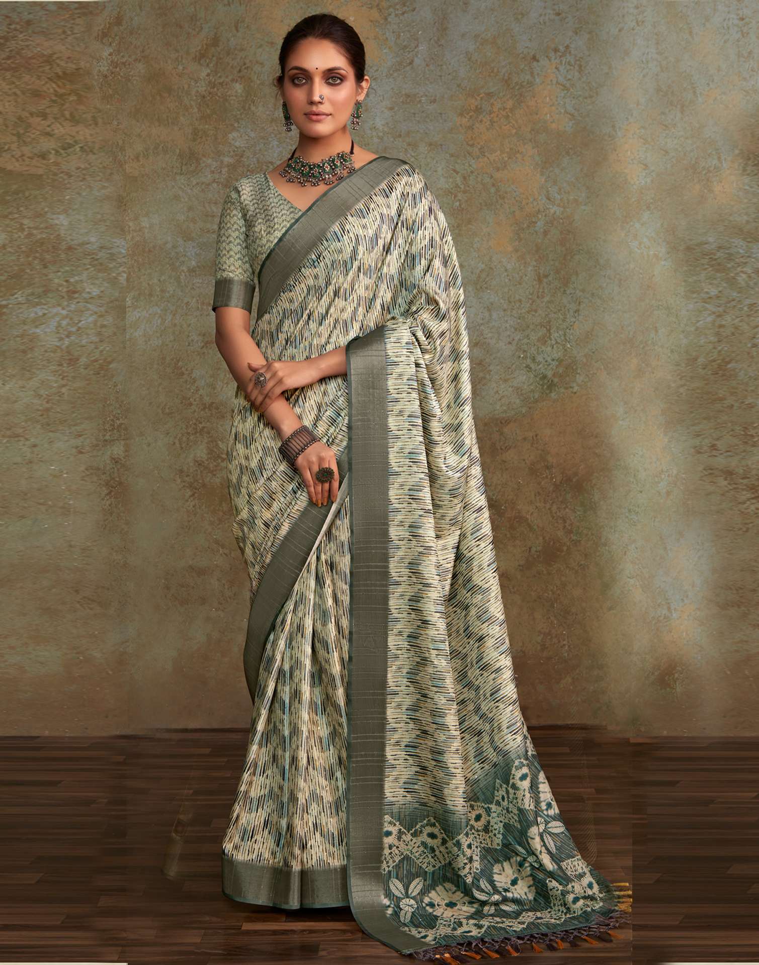 Off White Geometric Printed Silk Saree