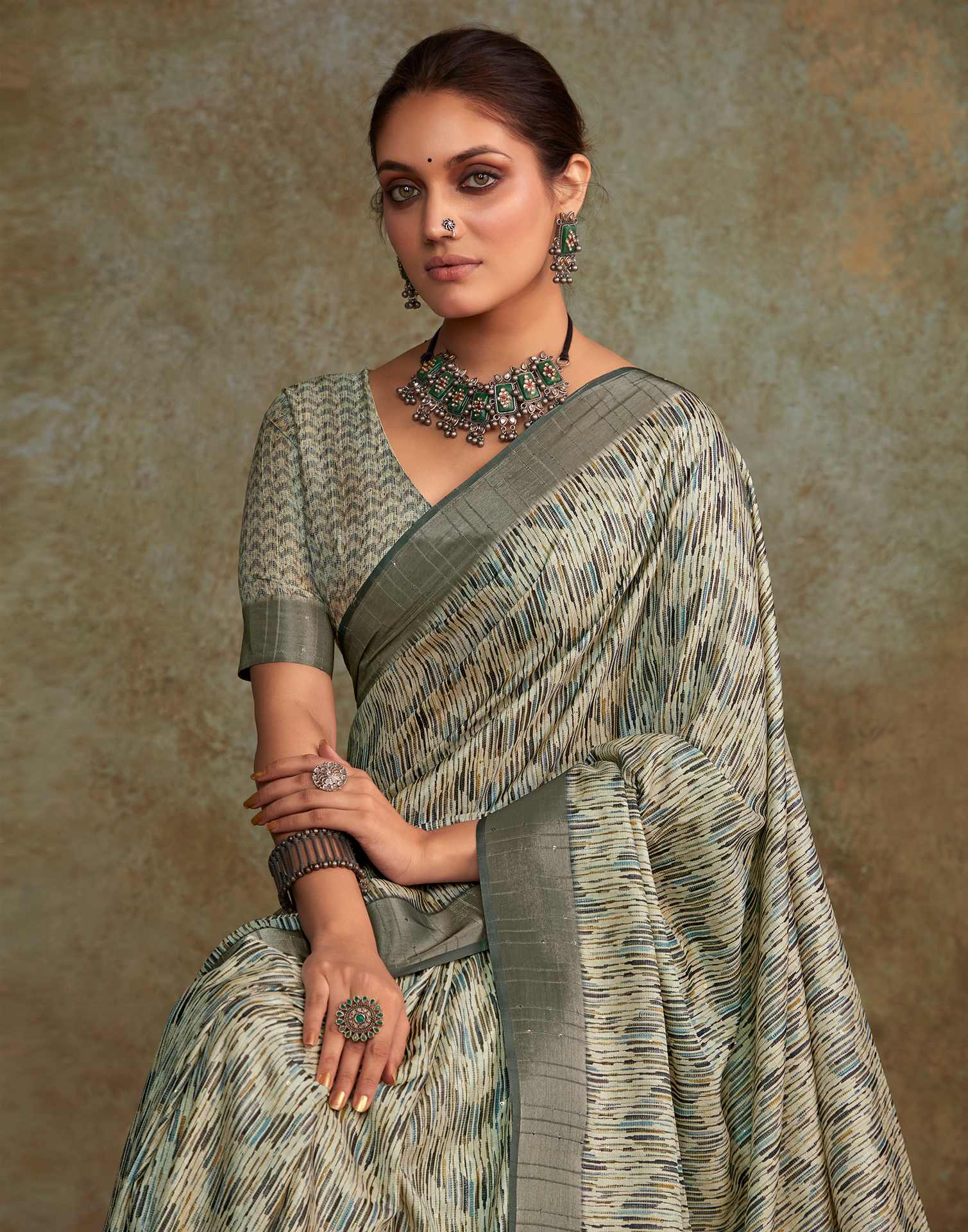 Off White Geometric Printed Silk Saree