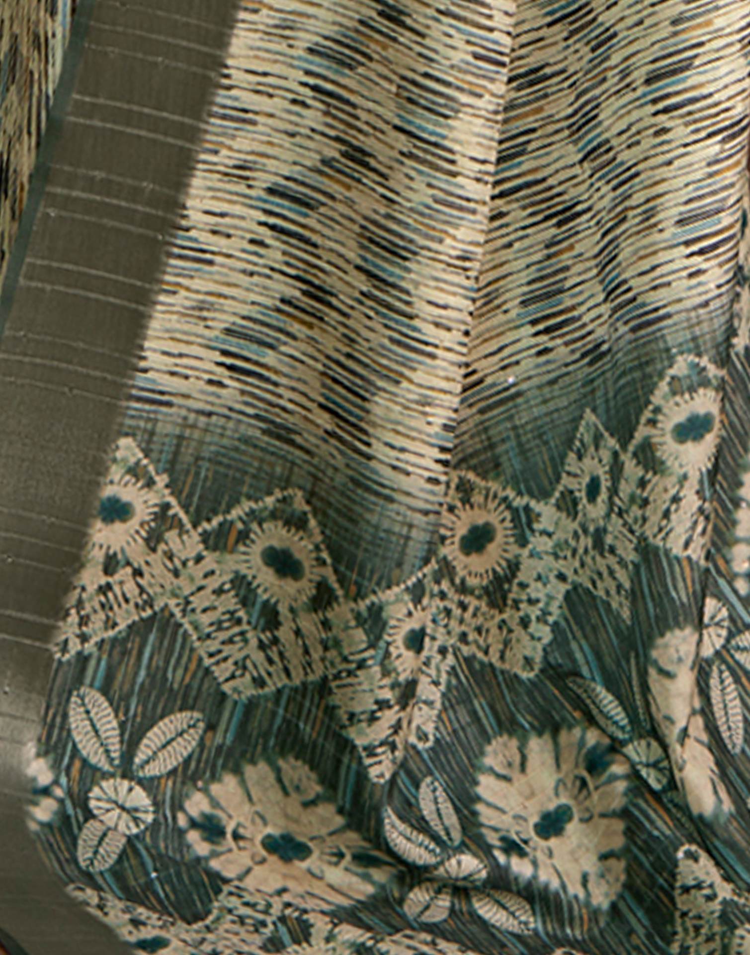 Off White Geometric Printed Silk Saree