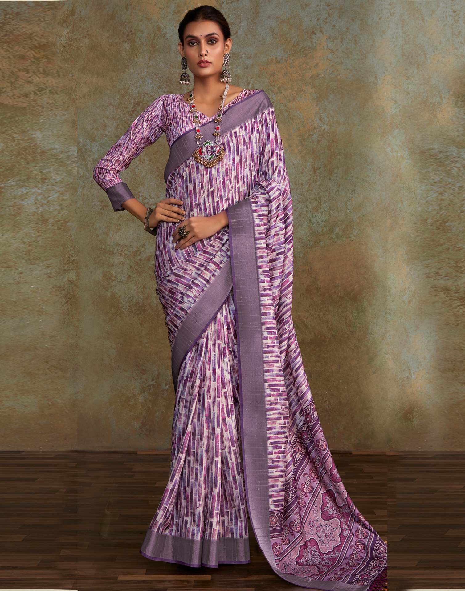 Purple Geometric Printed Silk Saree