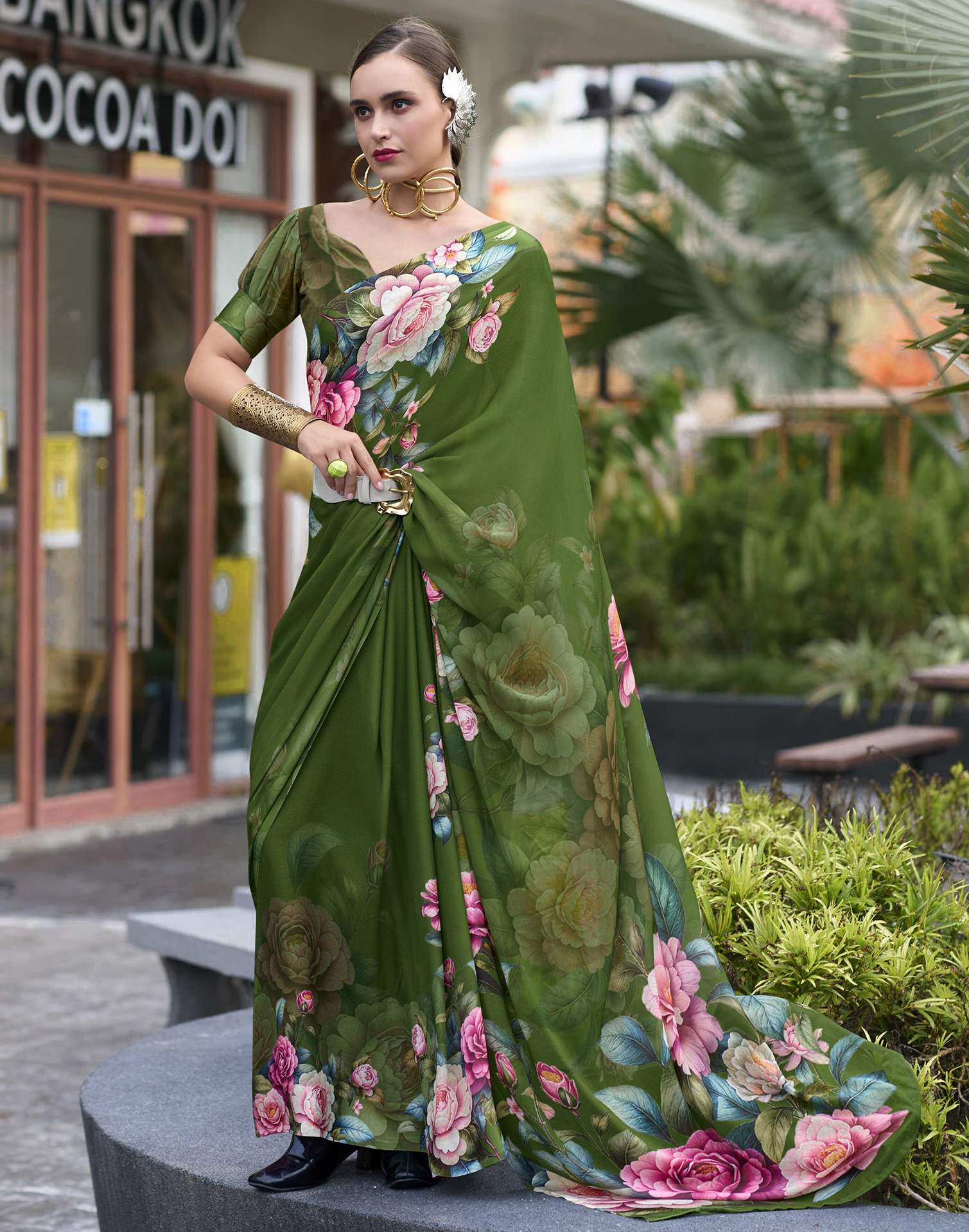 Olive Green Floral Printed Georgette Saree