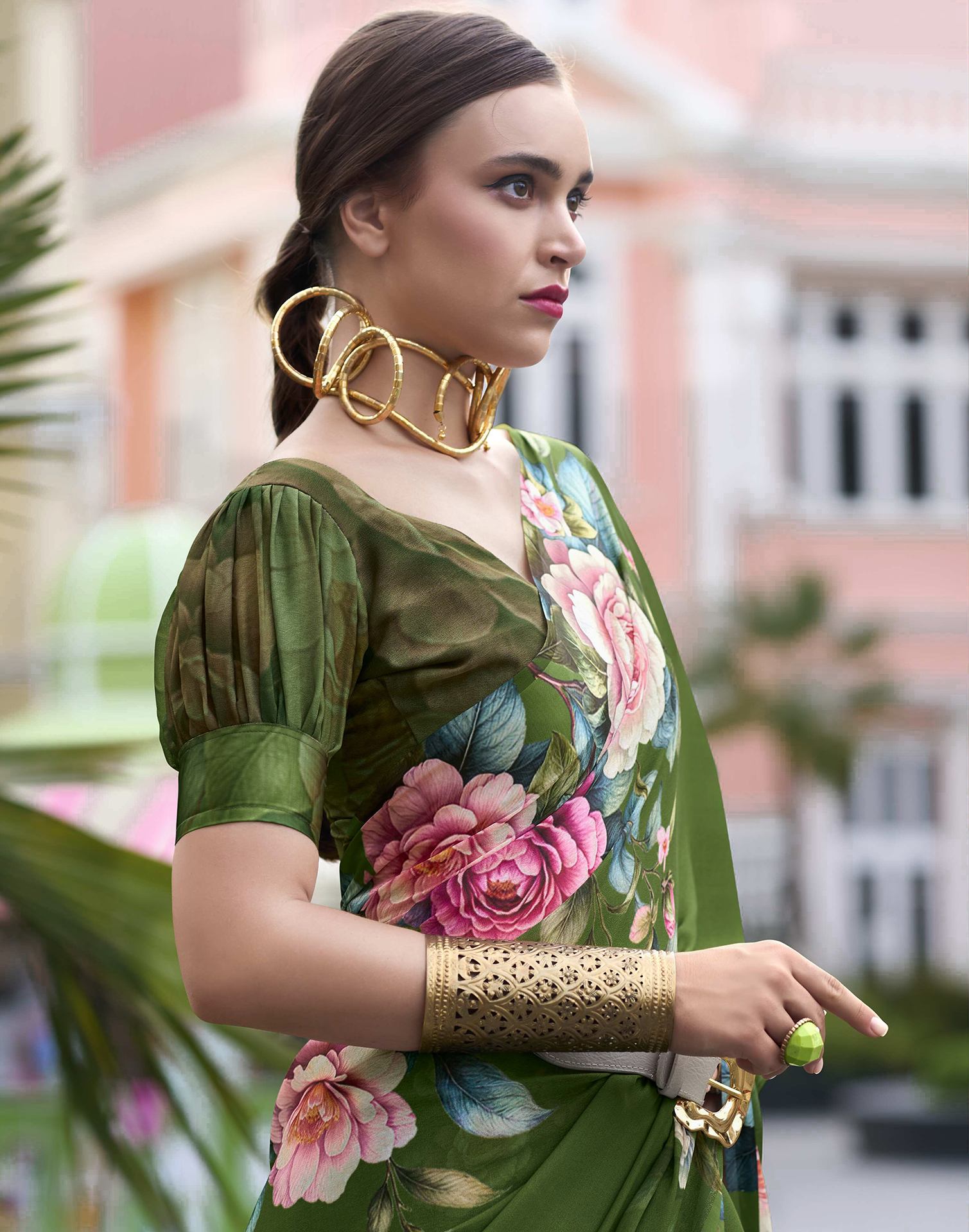 Olive Green Floral Printed Georgette Saree