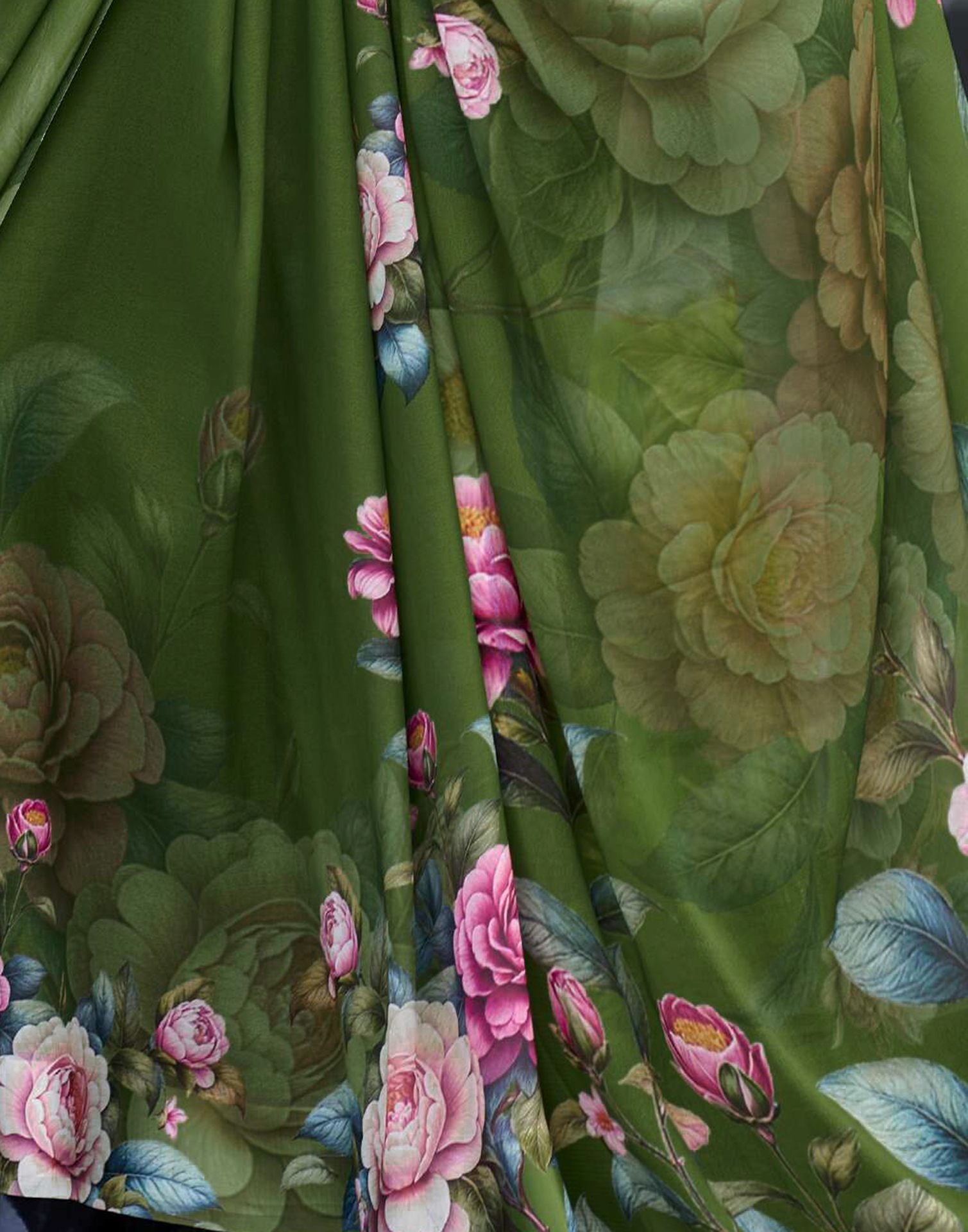 Olive Green Floral Printed Georgette Saree