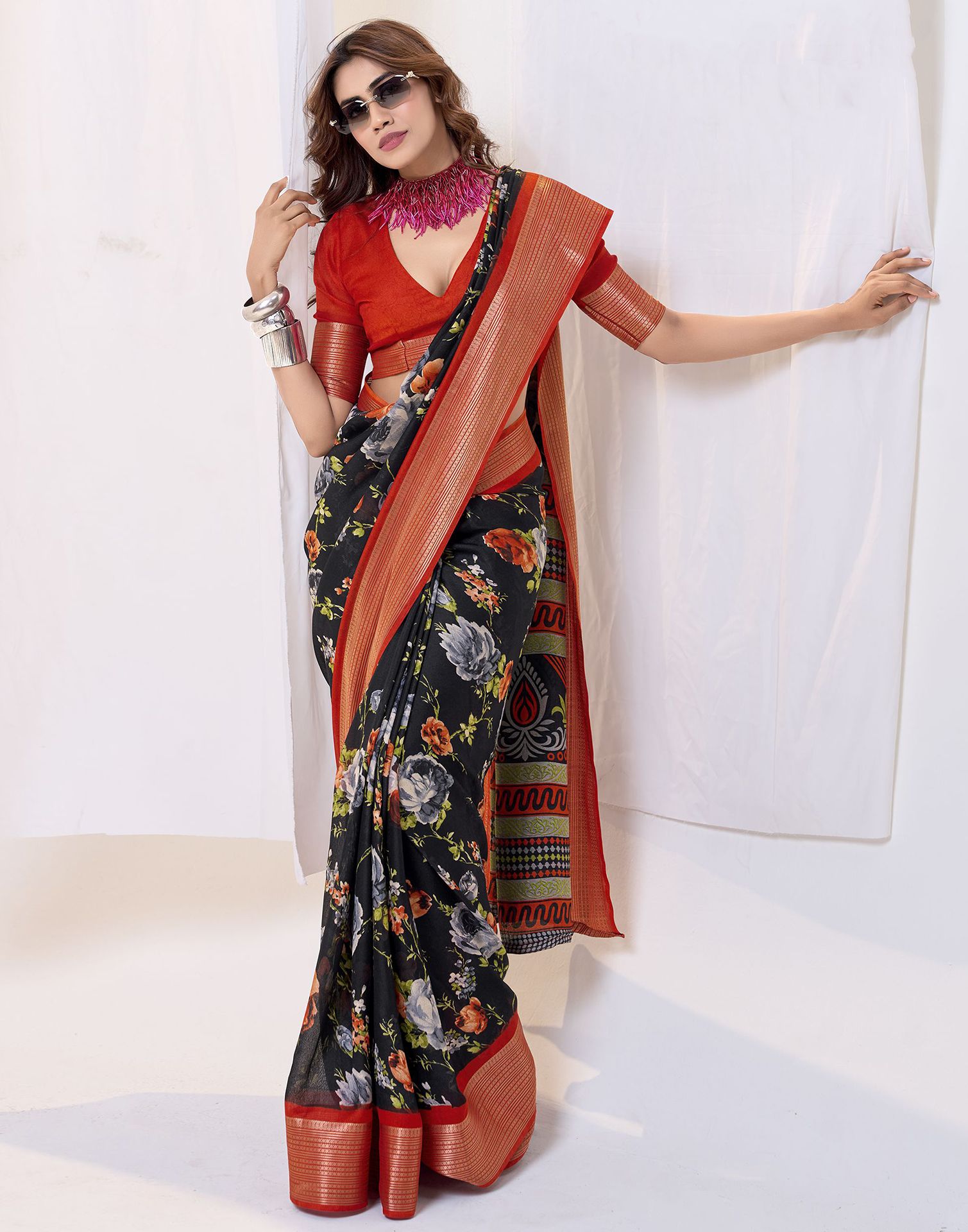 Black Floral Printed Georgette Saree