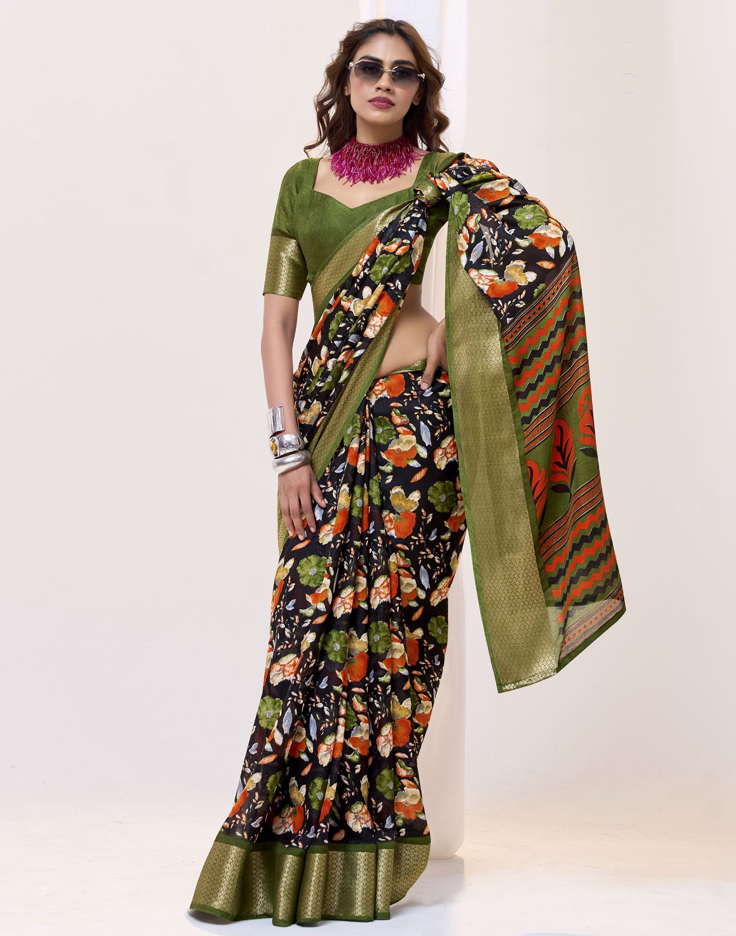 Black Floral Printed Georgette Saree