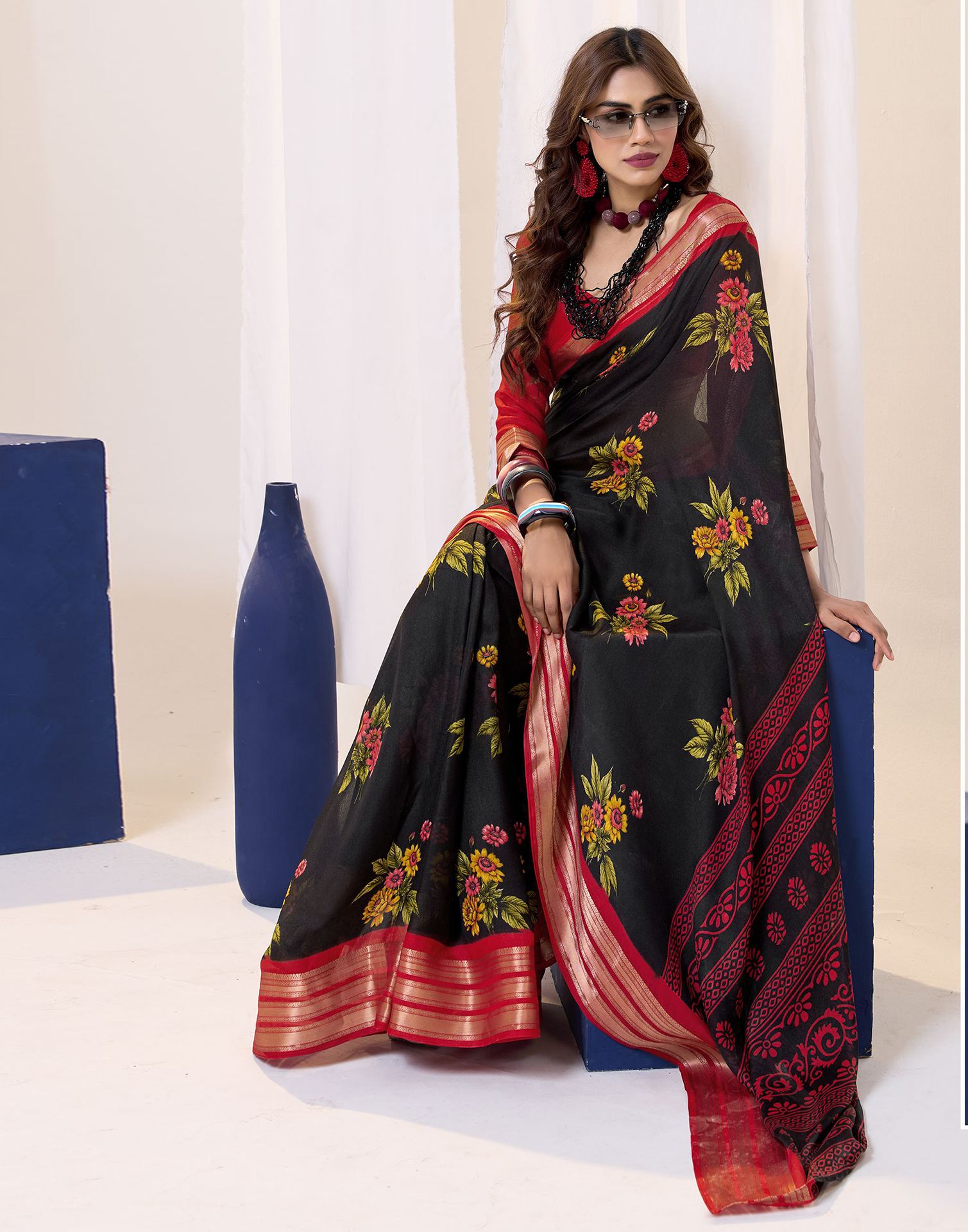 Black Floral Printed Georgette Saree