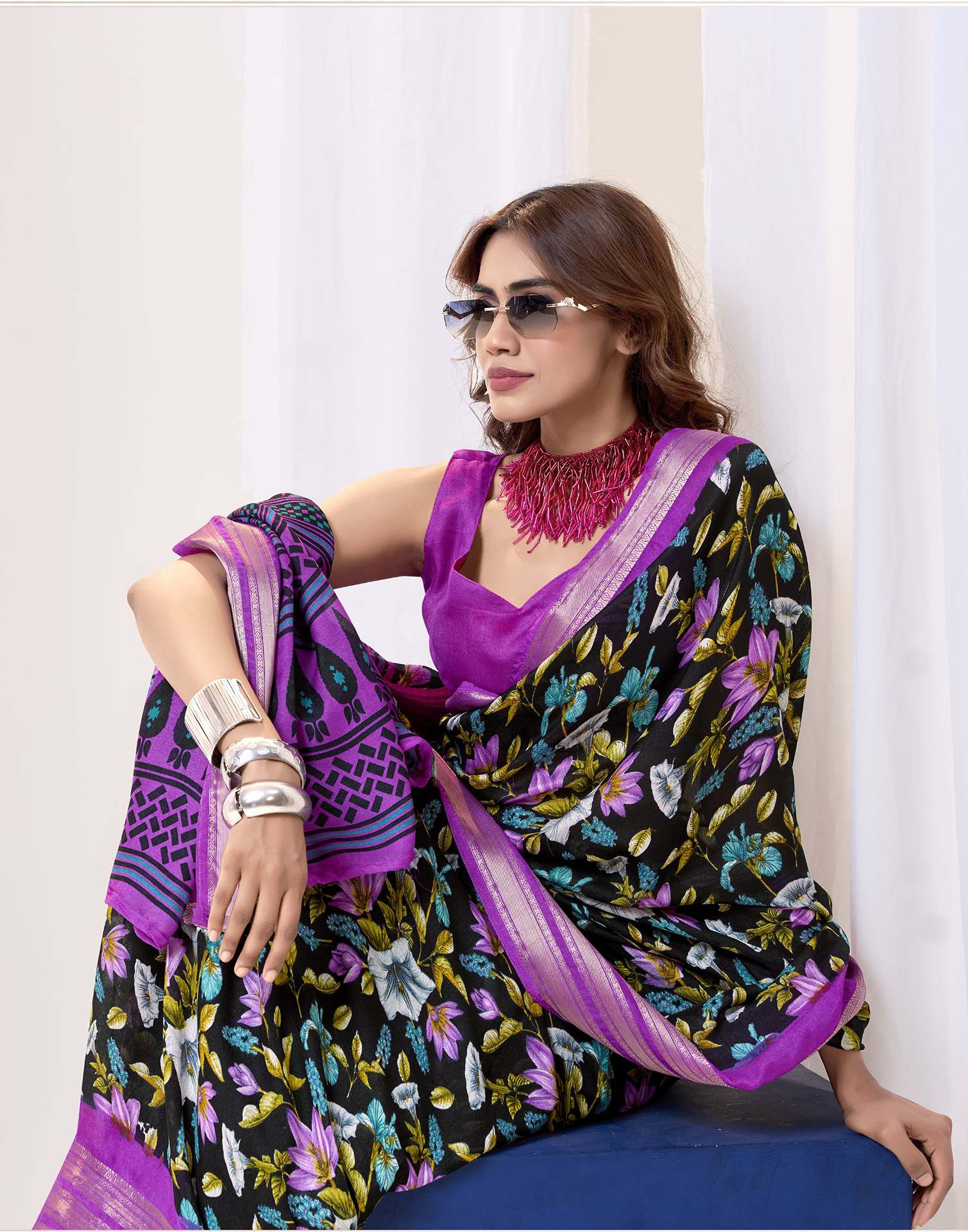 Black Floral Printed Georgette Saree