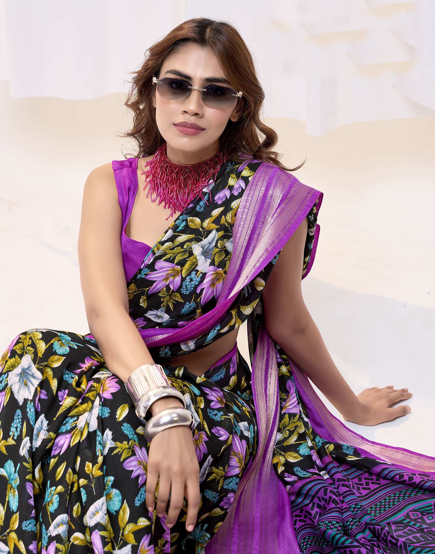 Black Floral Printed Georgette Saree