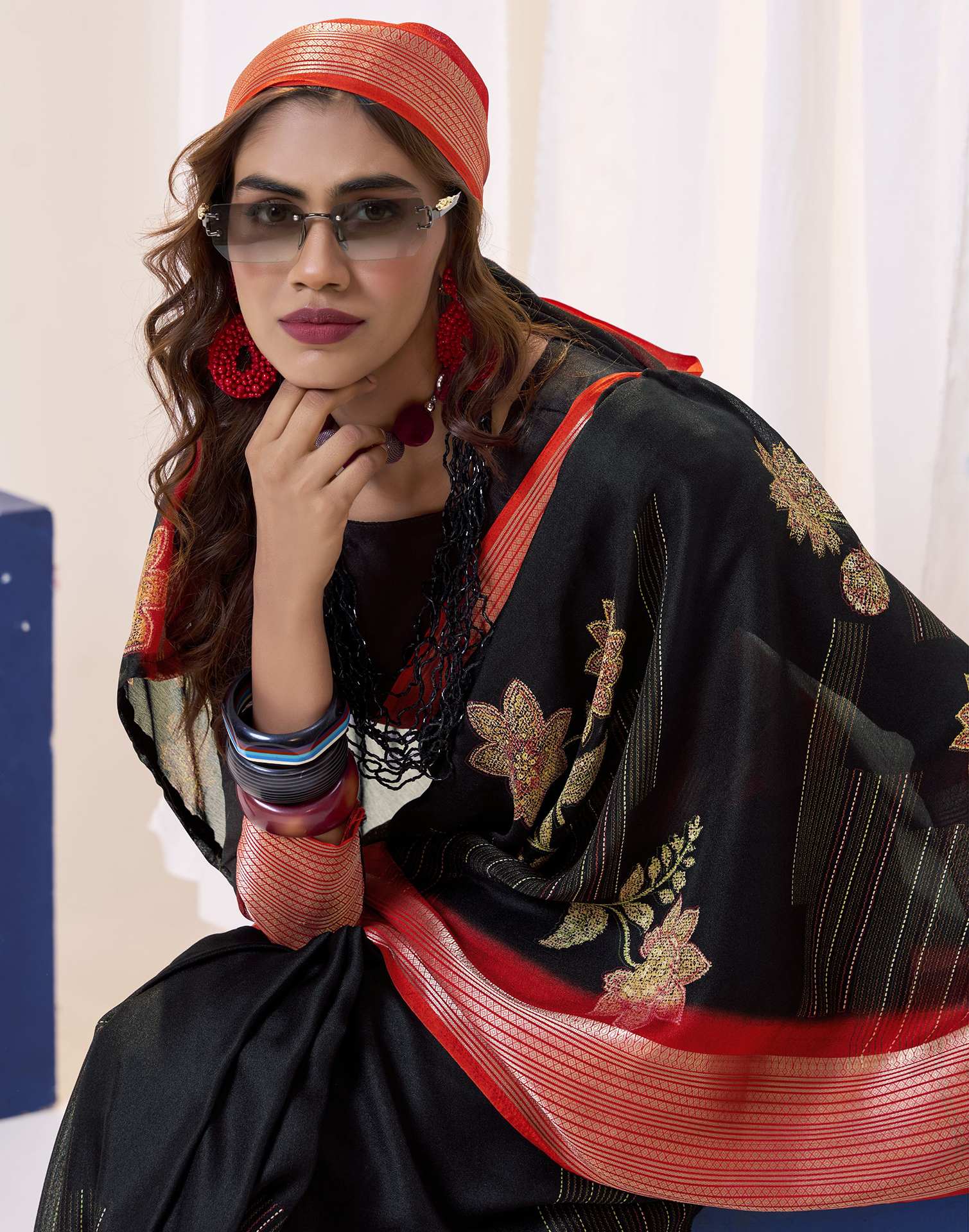 Black Floral Printed Georgette Saree