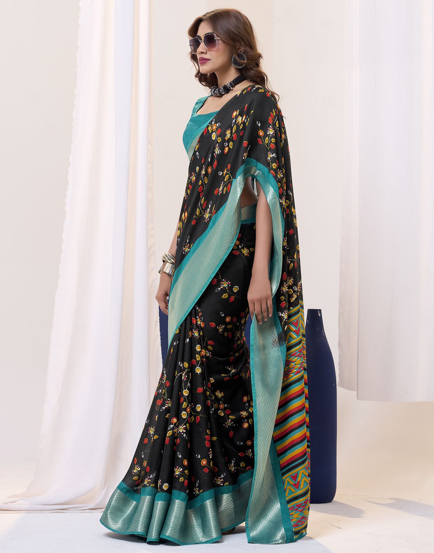 Black Floral Printed Georgette Saree