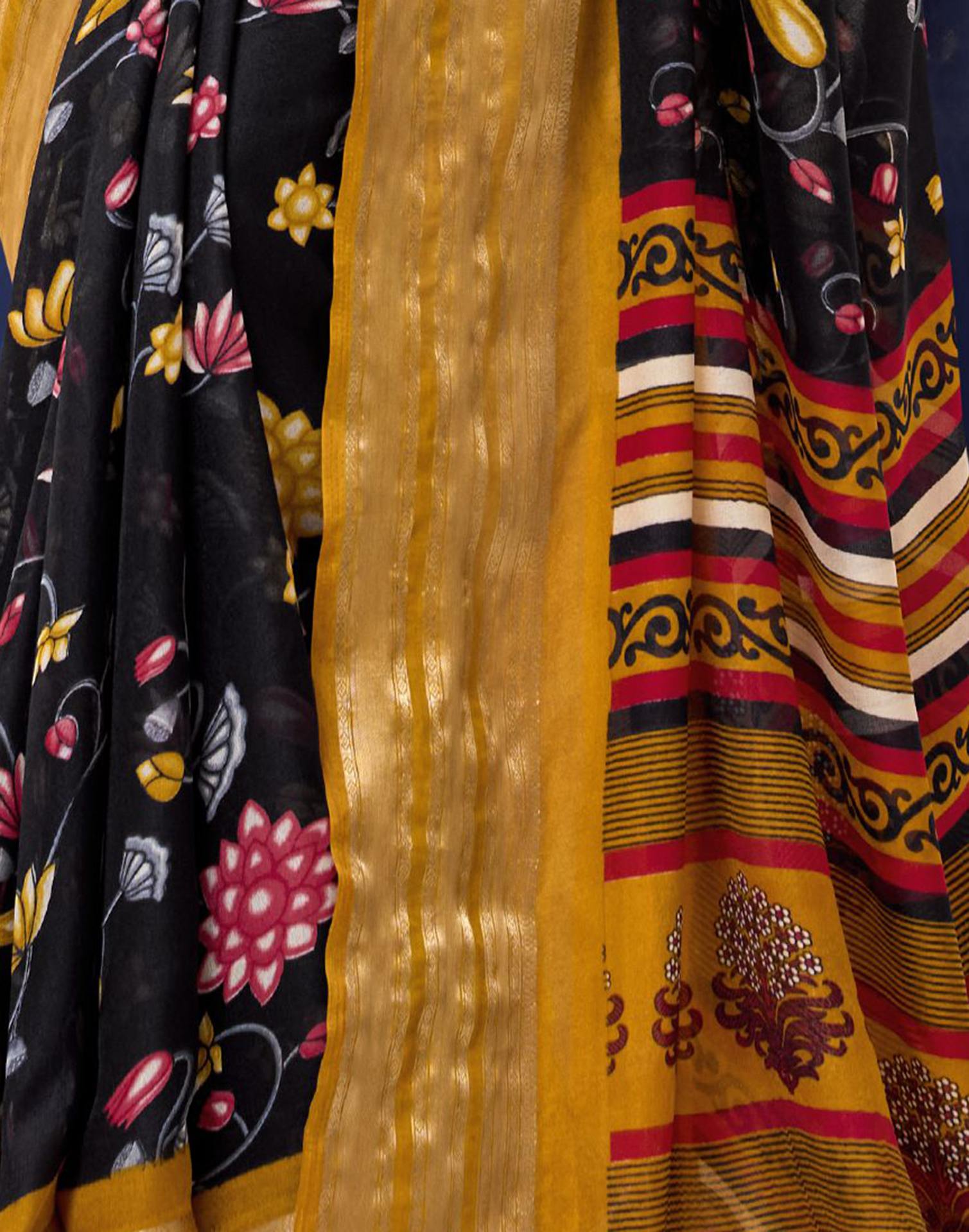 Black Floral Printed Georgette Saree