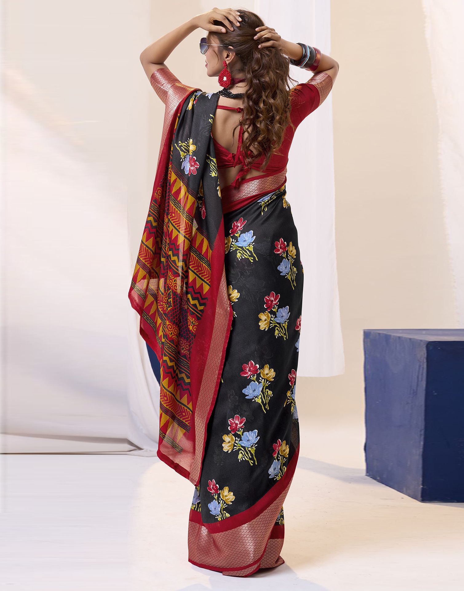 Black Floral Printed Georgette Saree