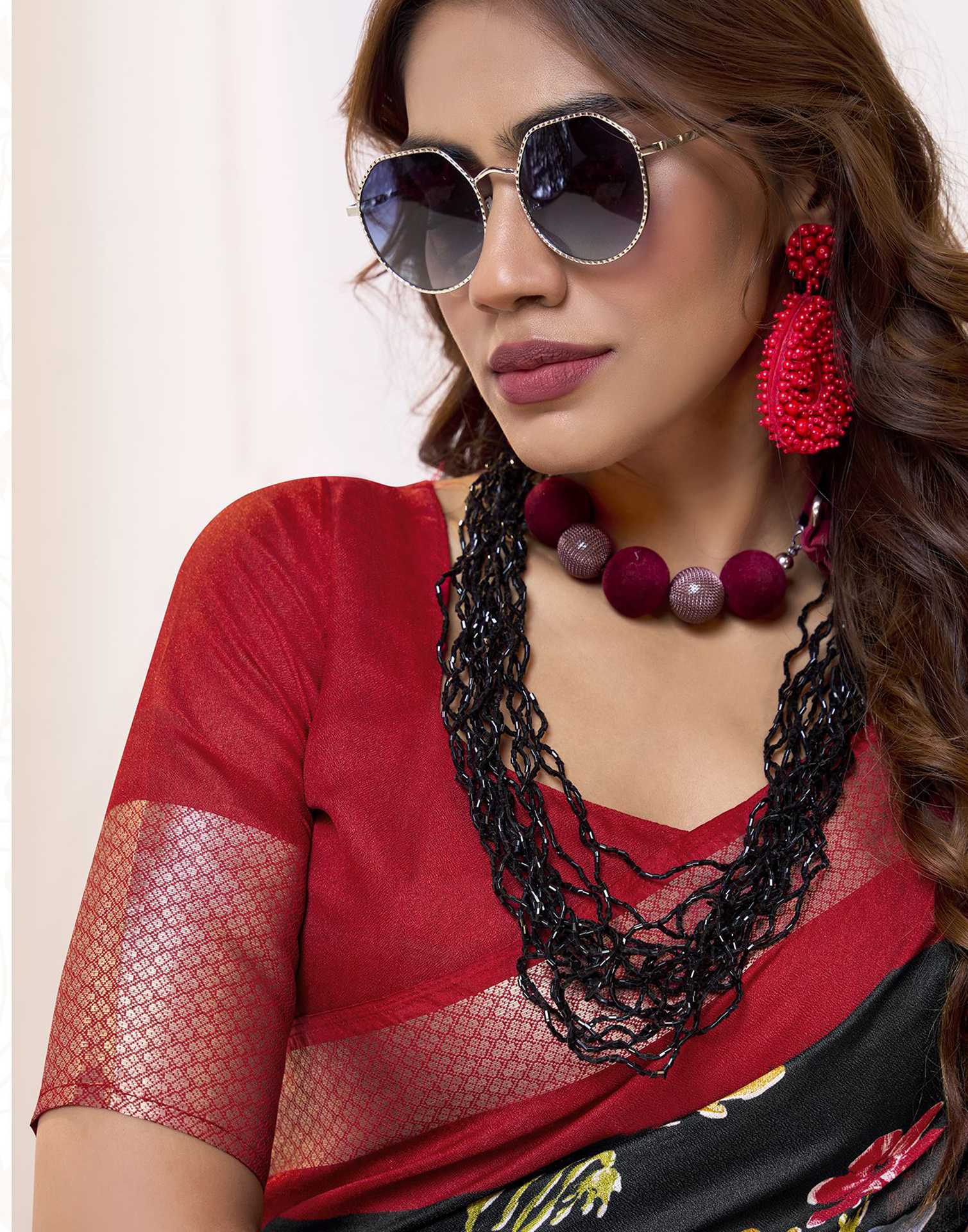 Black Floral Printed Georgette Saree