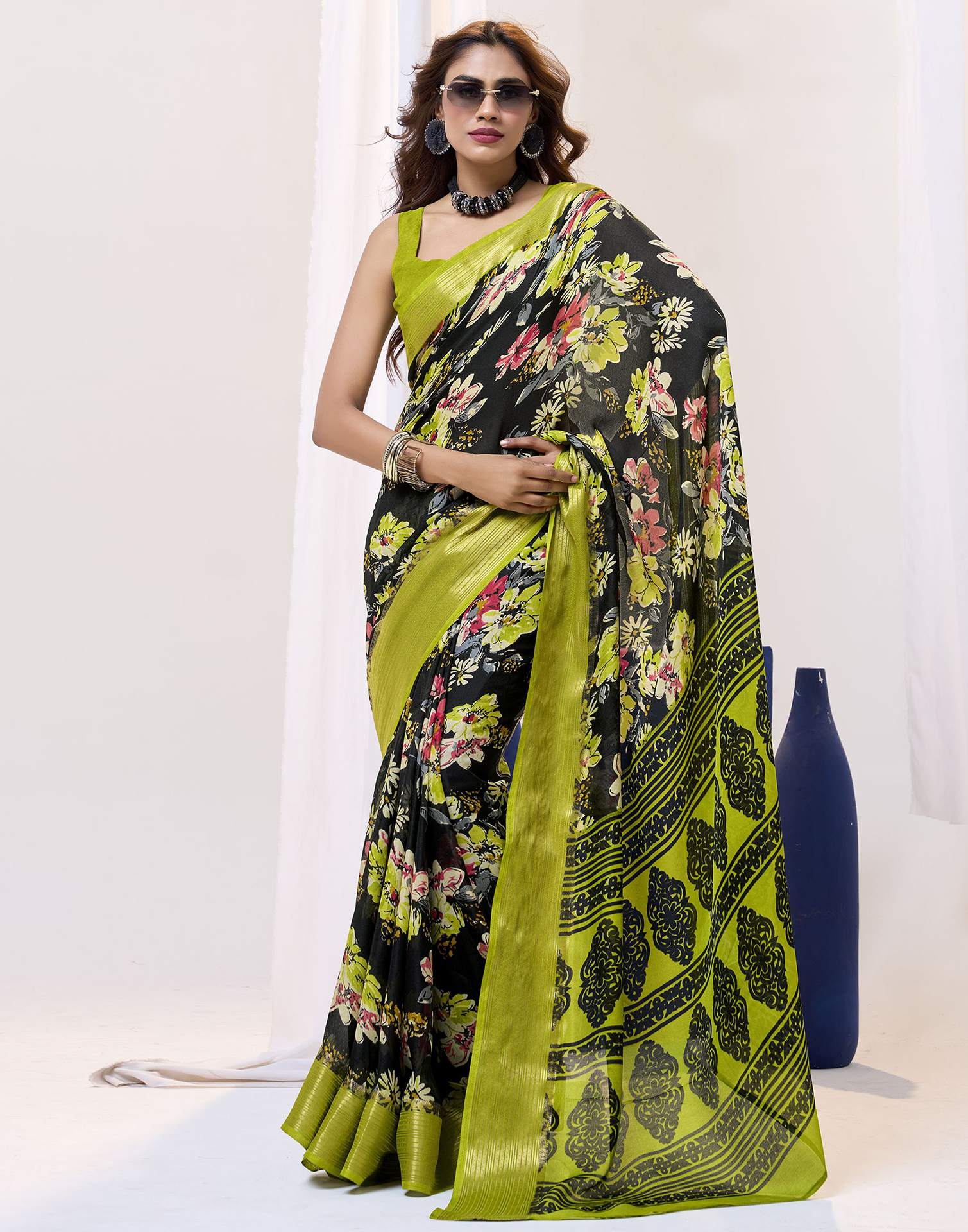 Black Floral Printed Georgette Saree
