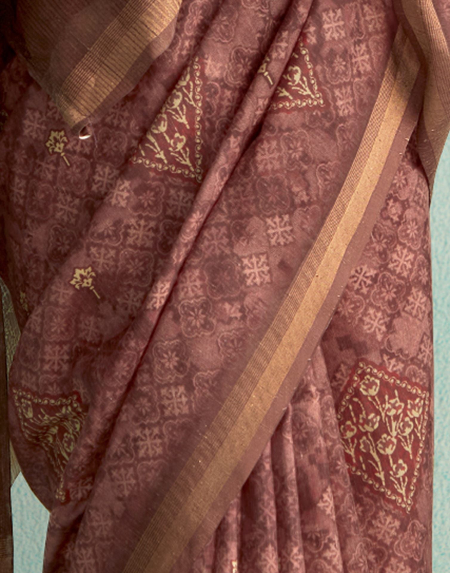 Chestnut Brown Printed Silk Saree