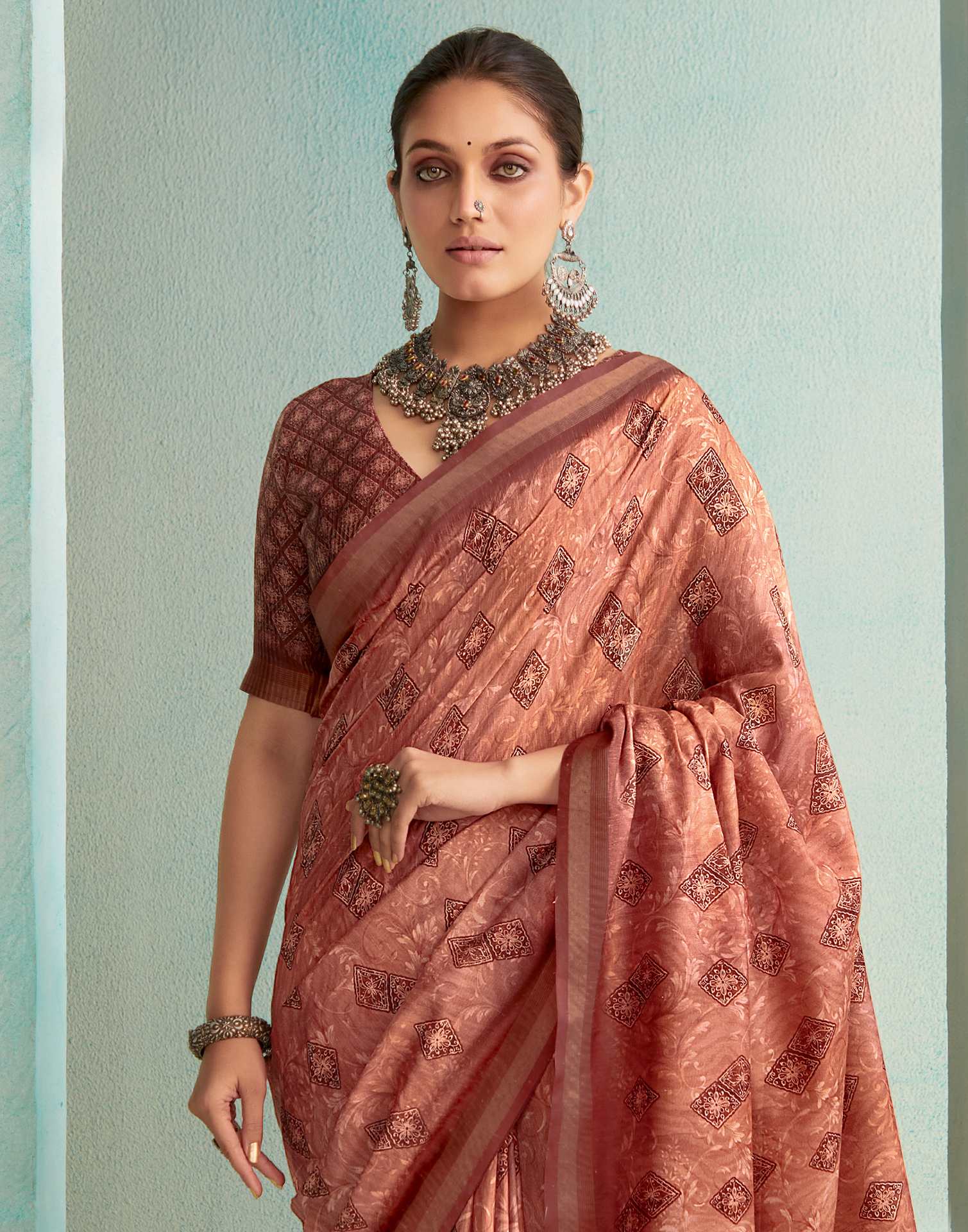 Dusty Orange Printed Silk Saree