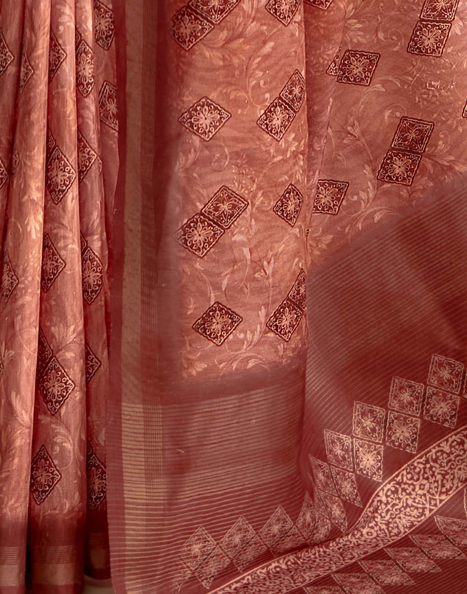 Dusty Orange Printed Silk Saree