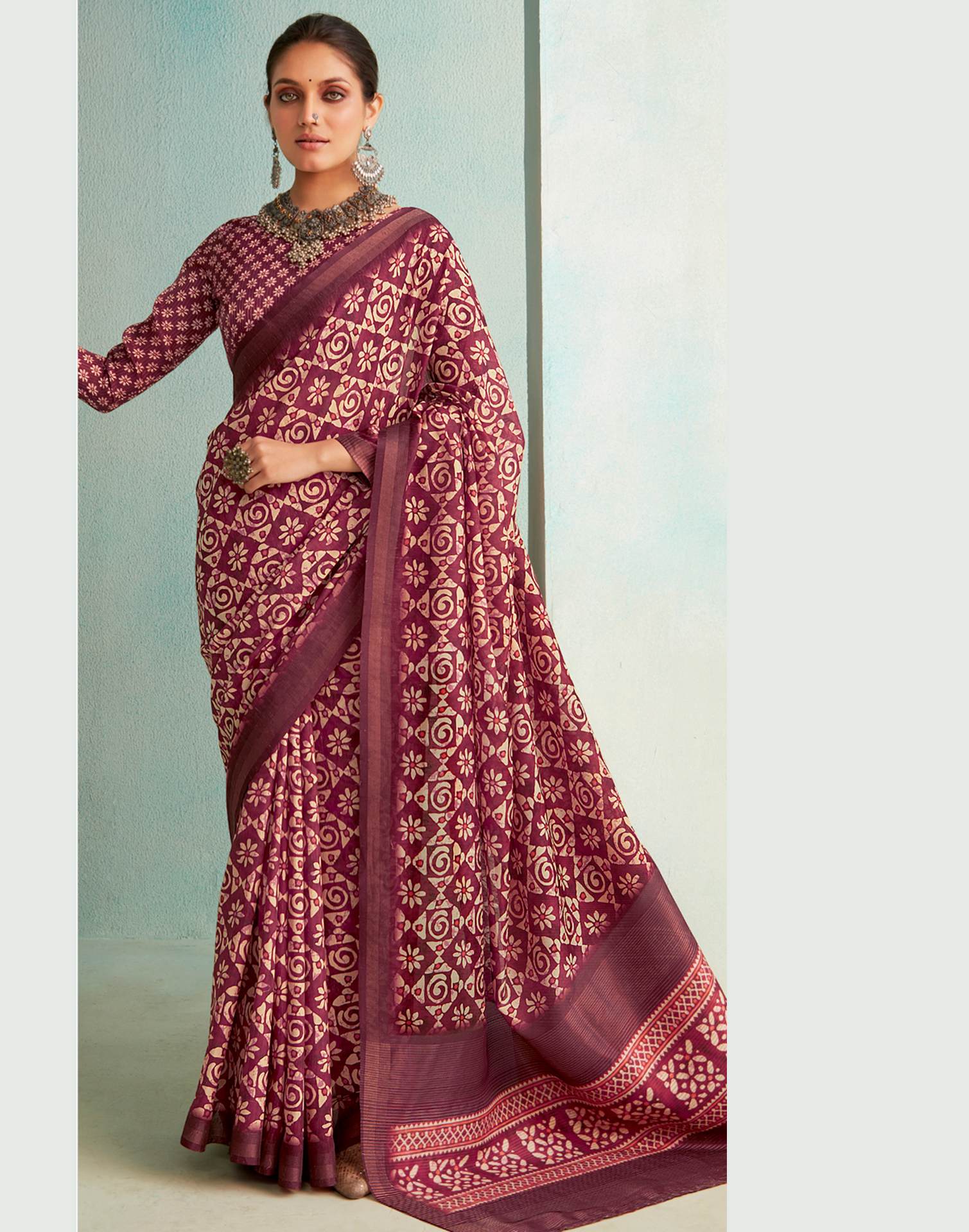 Wine Printed Silk Saree