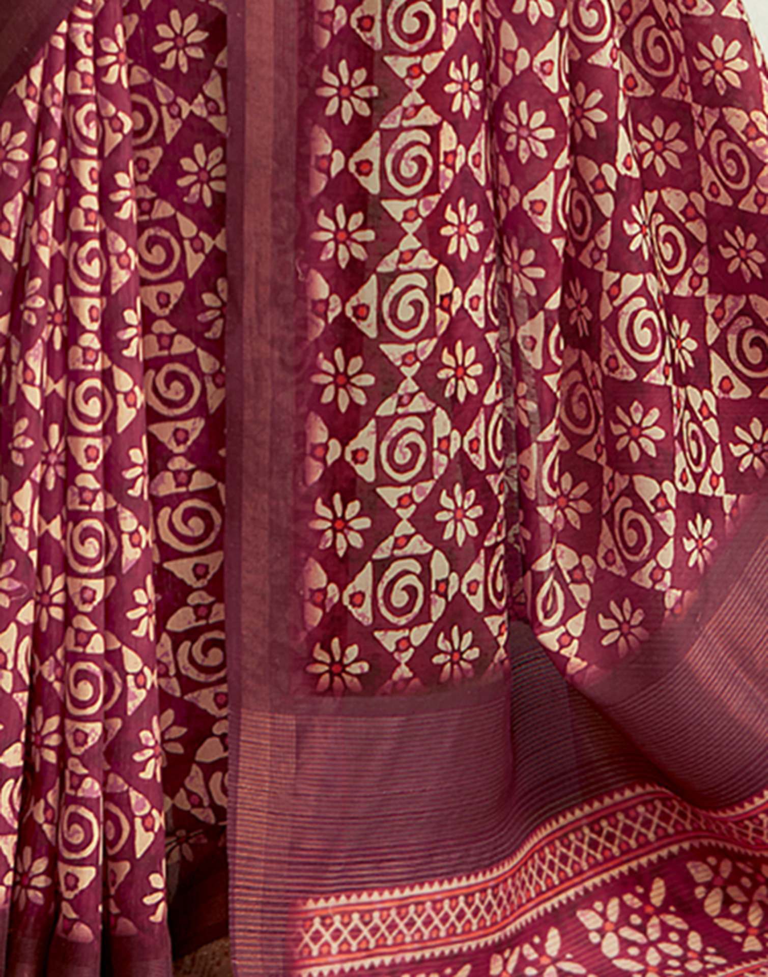 Wine Printed Silk Saree