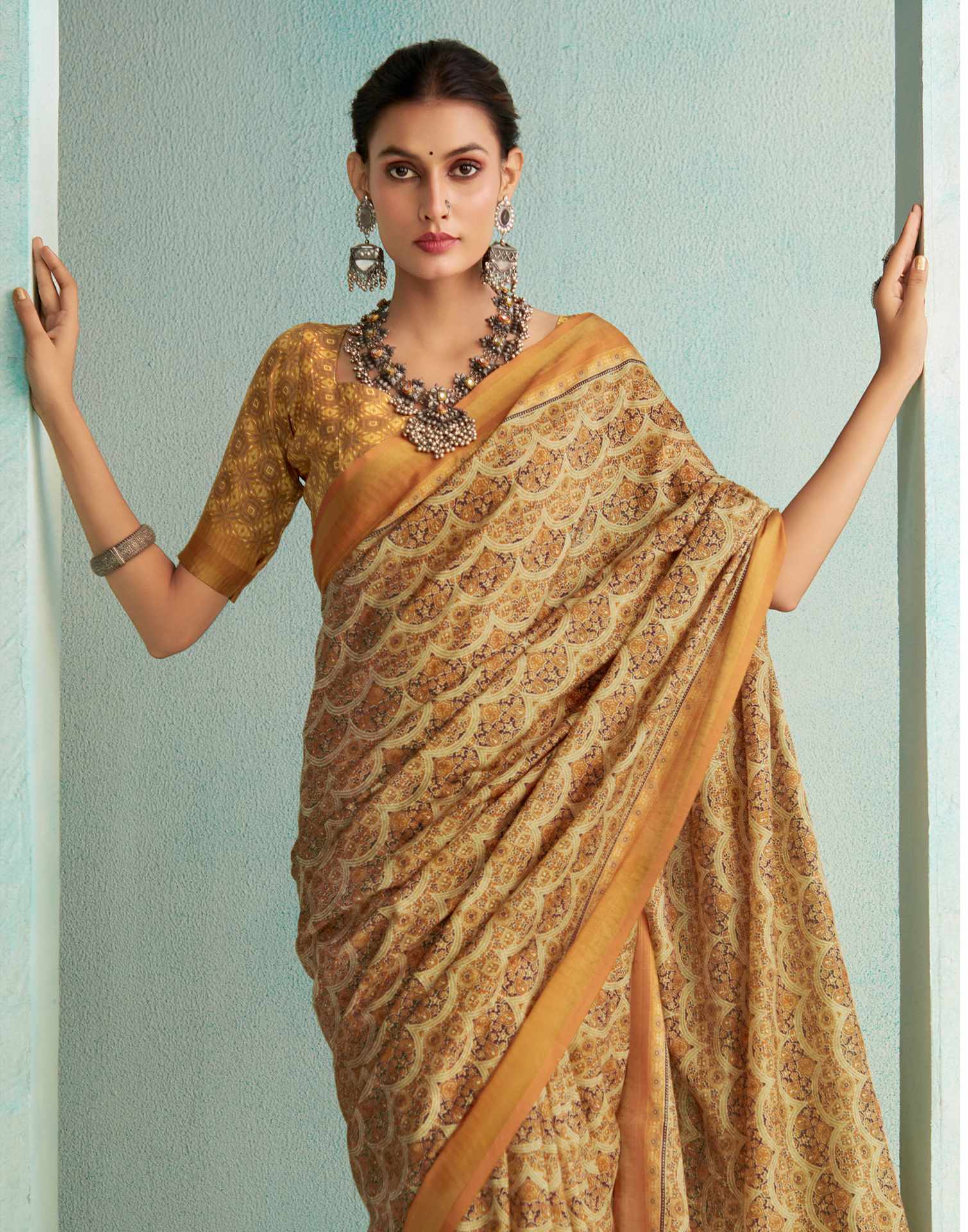 Mustard Yellow Printed Silk Saree