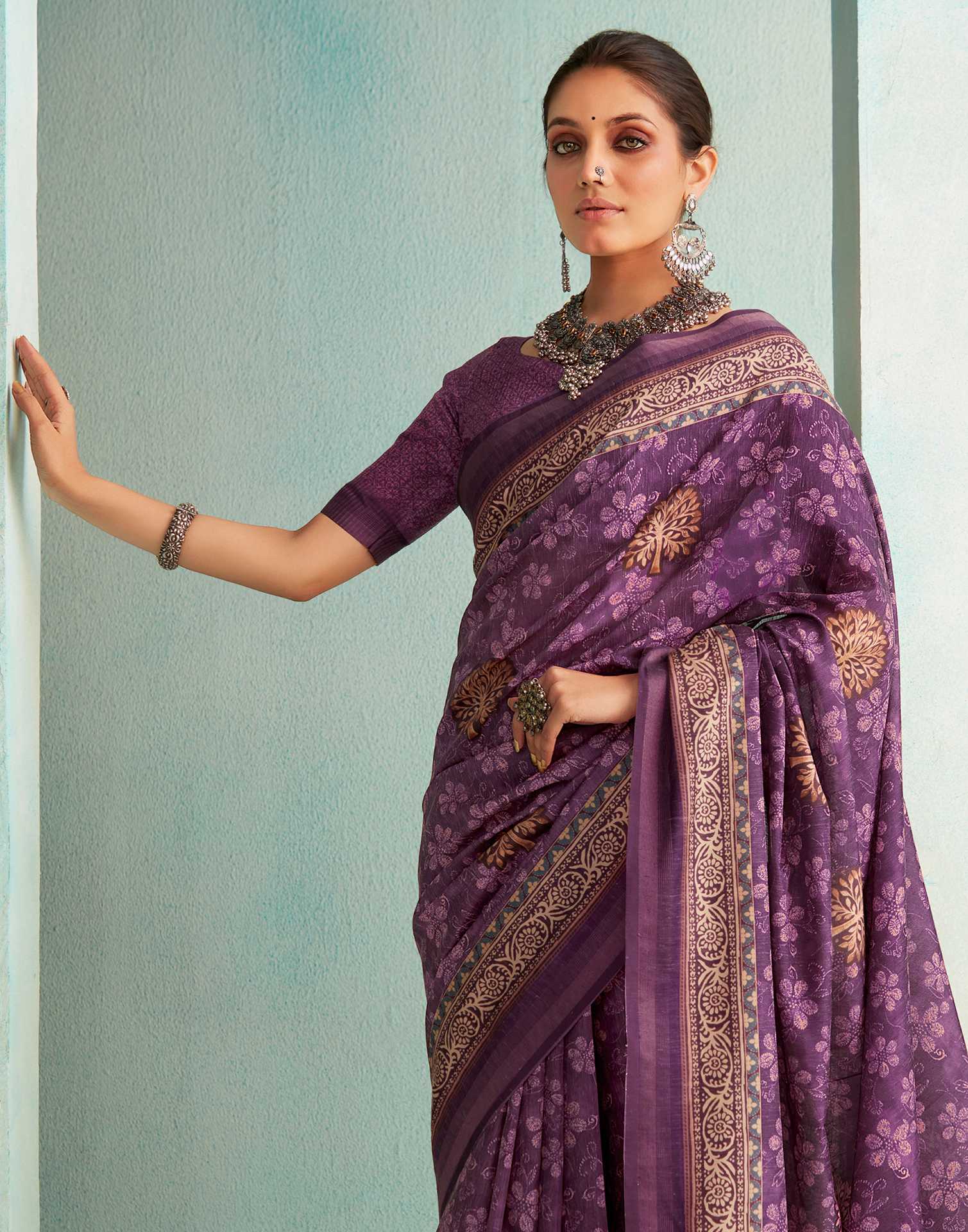 Dark Purple Printed Silk Saree