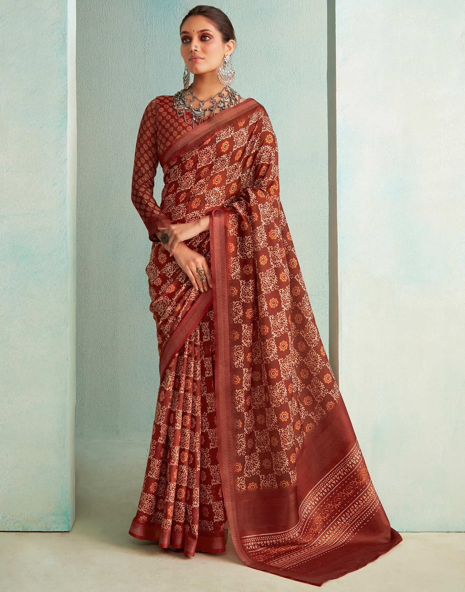 Crimson Red Printed Silk Saree